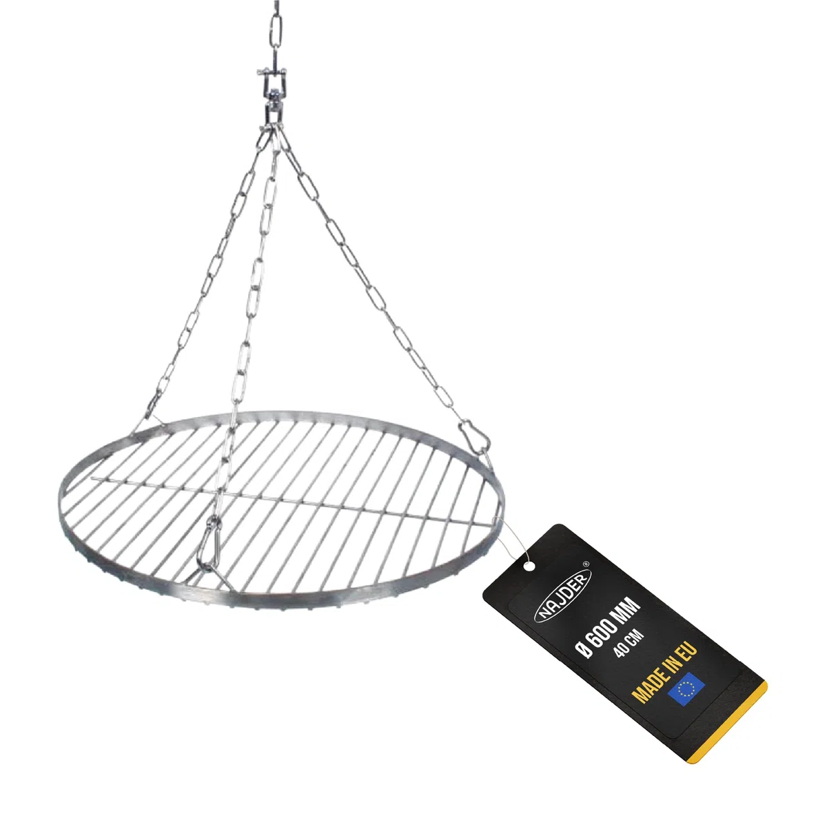 NAJDER Set de Grille Ronde en Acier Inoxydable Ø600 mm avec Chaîne de Suspension Ø3 mm, Grille Ronde pour Barbecue Pivotant avec Jeu de Chaînes, Émerillon et Mousqueton, pour Barbecue Suspendu