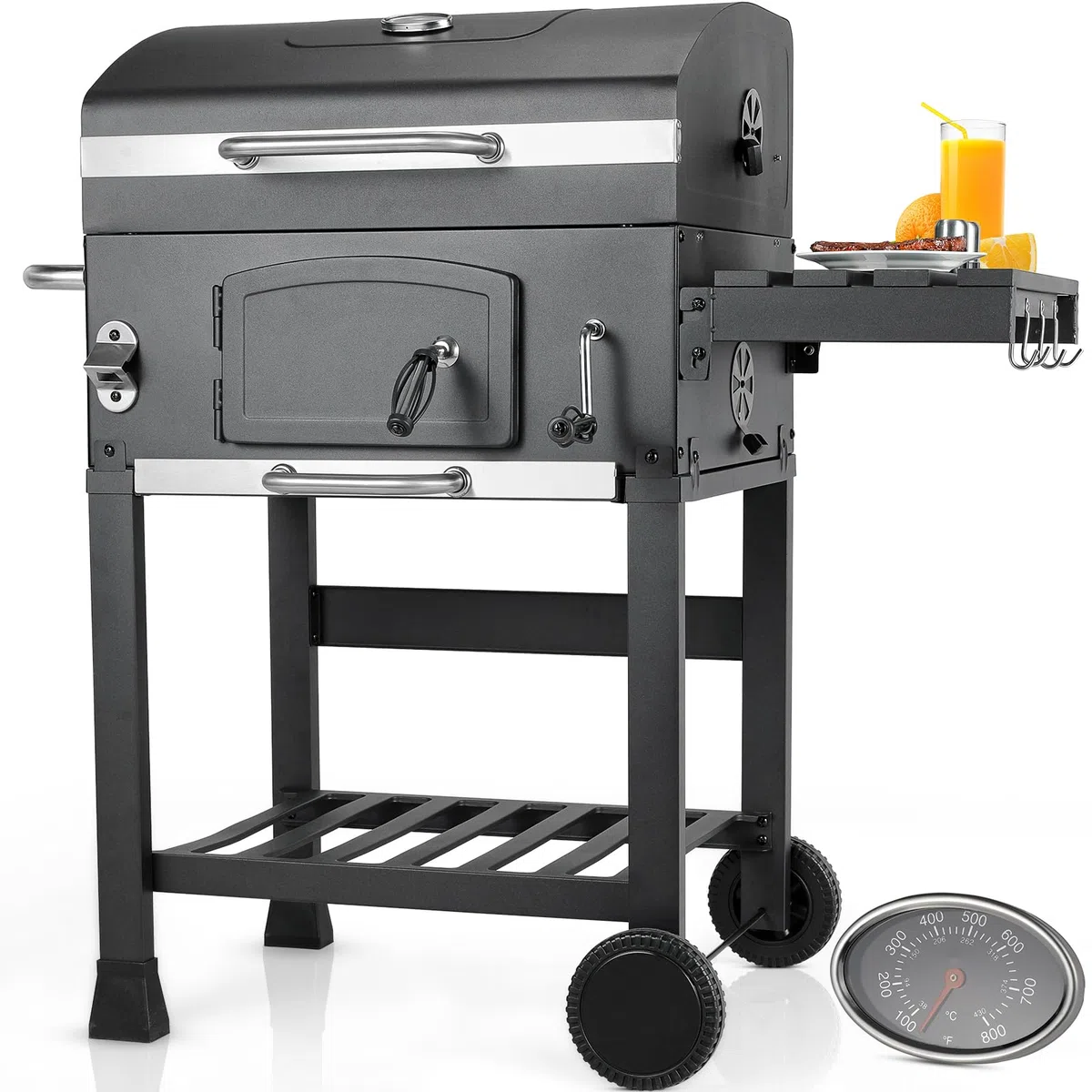 LIFERUN Barbecue Charbon de Bois XL, Grand Barbecue a Charbon avec Couvercle, BBQ Smoker avec Thermomètre et 2PCS Roues, Gril Réglable en Hauteur, Grill au Charbon de Bois pour Camping et Jardin