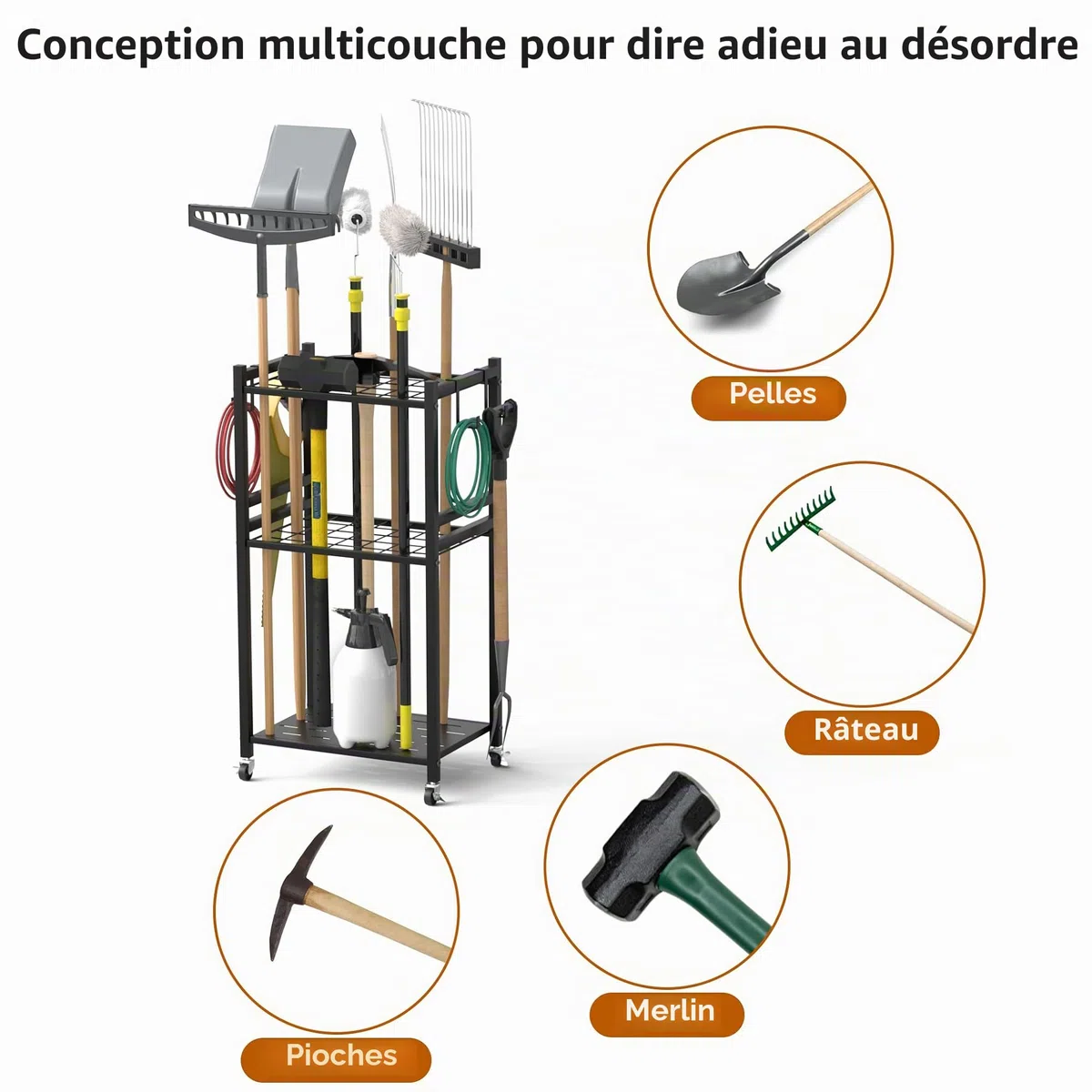 Rangement outils jardin 3 niveaux,polyvalent,roulettes freinables, M | 42*30*85cm, 35 positions, outils longs/courts, 4 crochets, robuste, roulettes freinables, anti-rouille, jardin/garage…