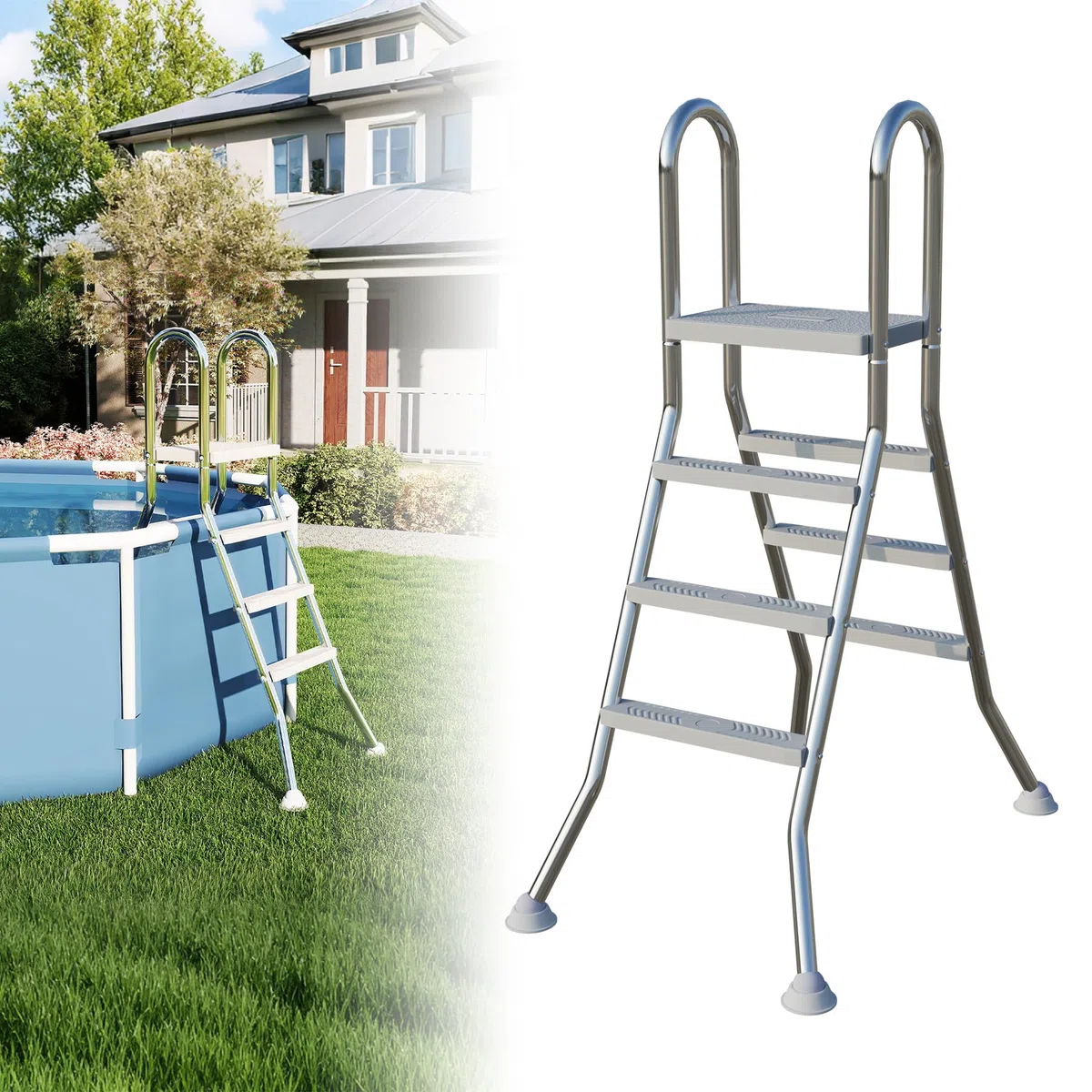 Froadp Échelle de piscine en acier inoxydable avec 3 marches antidérapantes - Charge maximale : 150 kg - Pour piscine et piscine - Hauteur jusqu'à 110 cm - Argenté