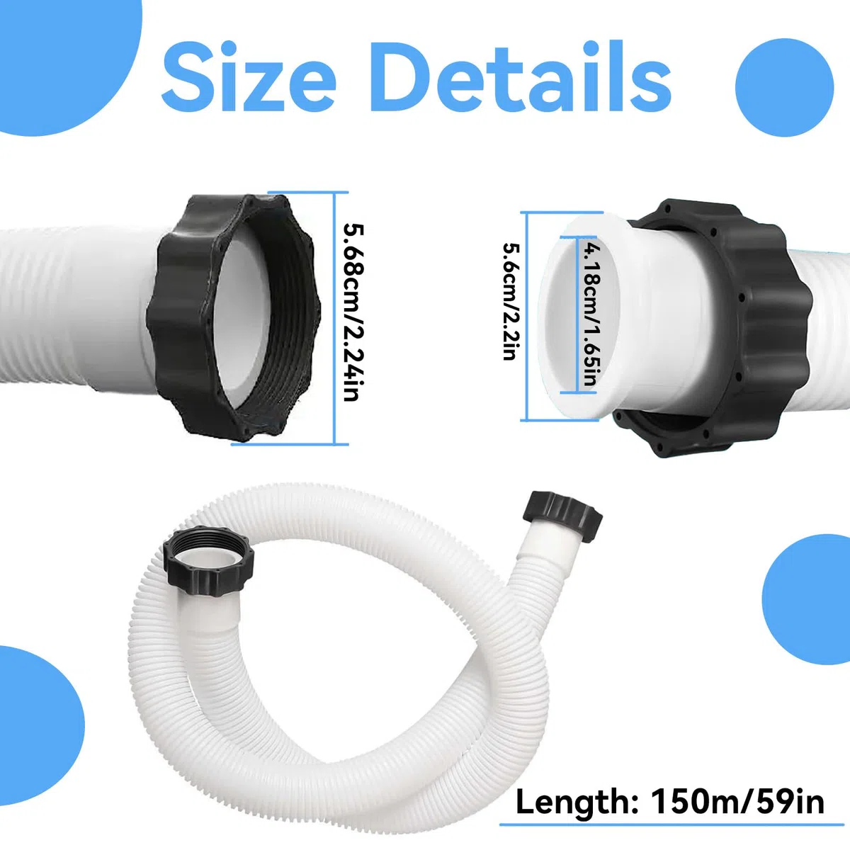 Lot de 2 tuyaux de piscine de 38 mm, 1,5 m pour pompe à sable et système de sel dans la pompe de filtration intensive, tuyau de 38 mm pour pompe à eau de 1500 Gph et capacité supérieure,blanc bleu