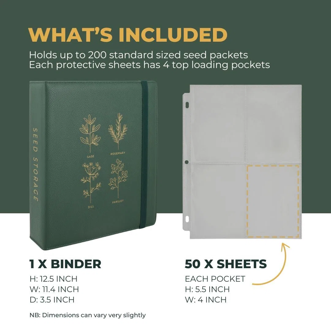 Classeur de rangement de graines – Organiseur de paquets de graines avec 50 protecteurs de feuilles qui stockent 200 enveloppes de graines. Classeur de stockage de graines offrant un kit complet