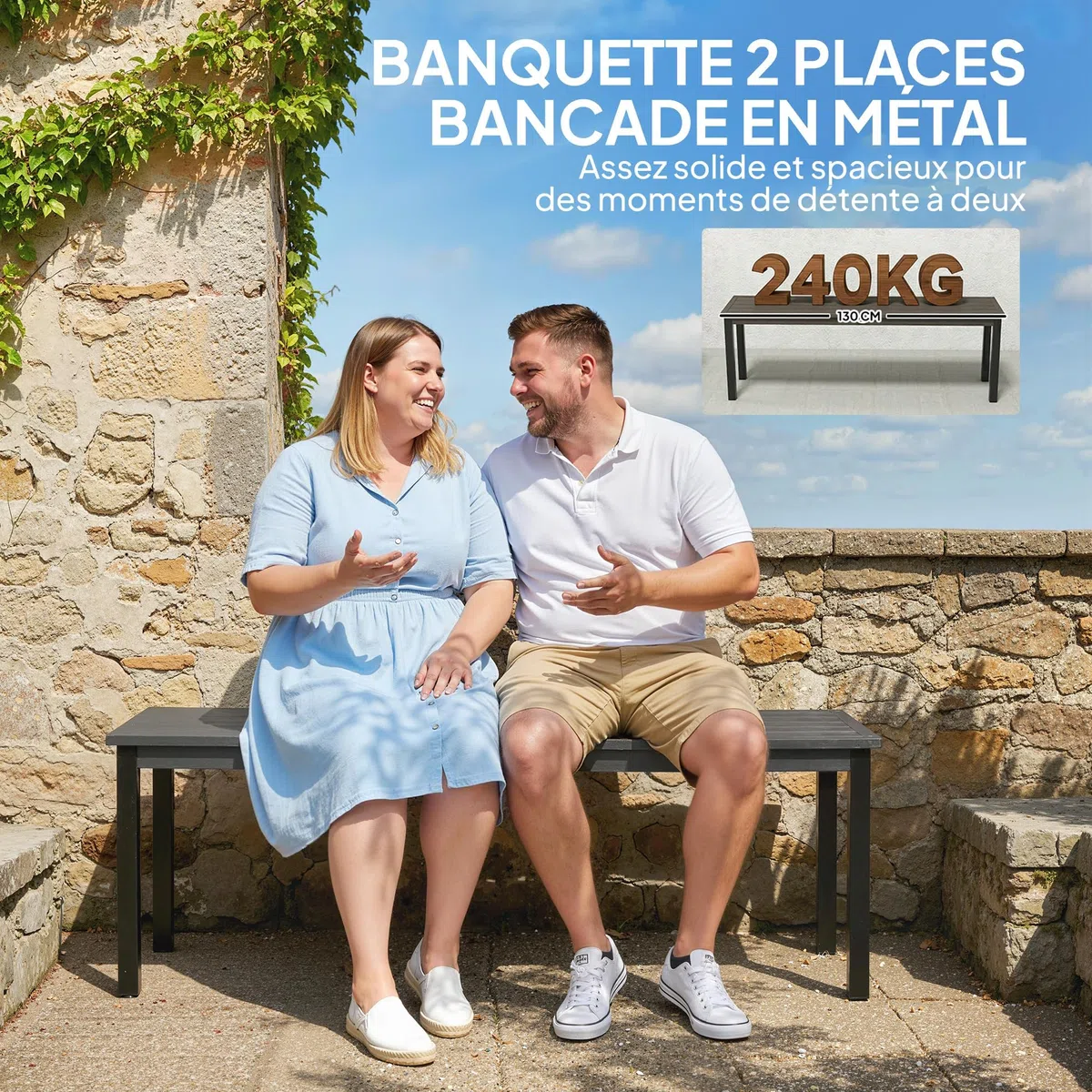 Outsunny Banc de Jardin en Métal, Banc d'extérieur 2 Places avec Assise à Lattes Effet Bois, sans Dossier, Banquette de Jardin Cadre Acier pour Patio, Balcon, Parc, Capacité 240 kg, 130x34x43cm, Gris