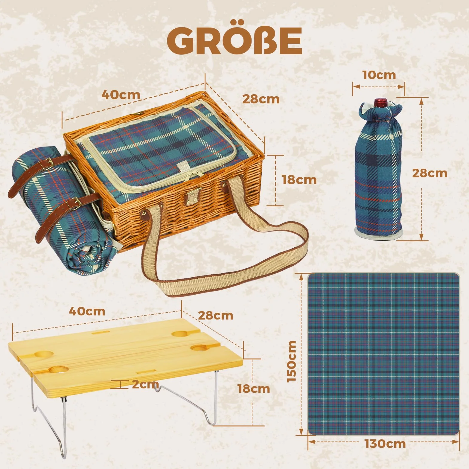 Ensemble de panier de pique-nique avec table pliante et couverts - Panier de pique-nique pour 4 personnes, avec sacs isothermes, panier tressé avec anse, panier en osier - Coffret cadeau pour