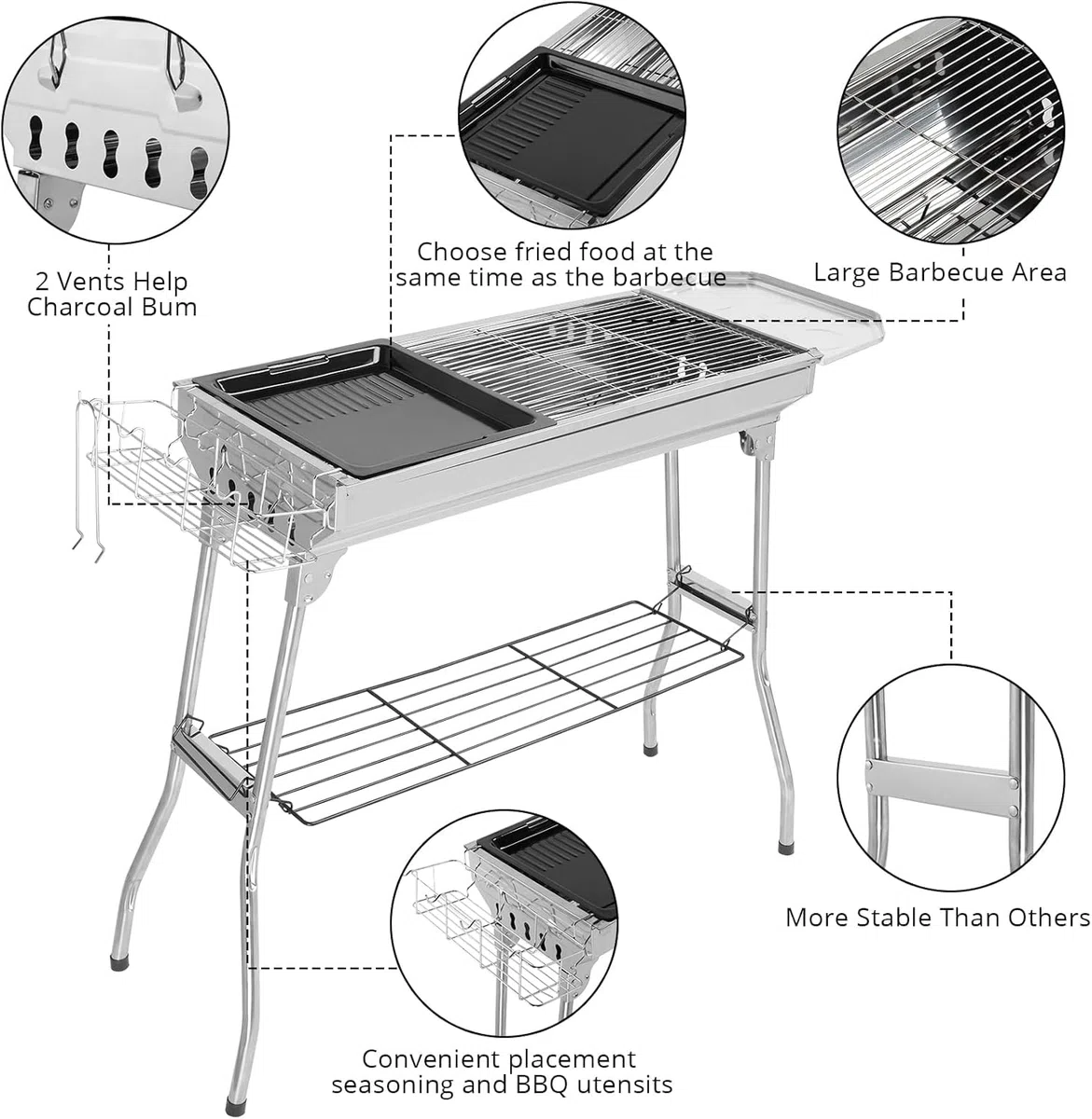 LEADZM Barbecue Charbon de Bois en Acier Inoxydable – Pliant et Portable (100x31x71cm déplié) – Pour 5-10 Personnes – Idéal Camping, Terrasse & Extérieur