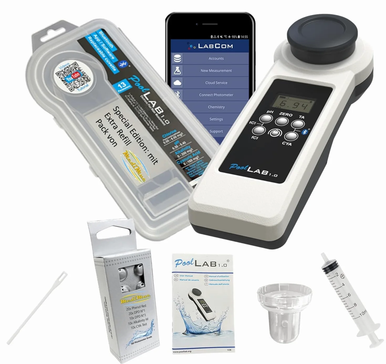 MediMuc PoolLab 1.0 Photomètre, 13 en1, avec 70 pastilles, une cuvette extra