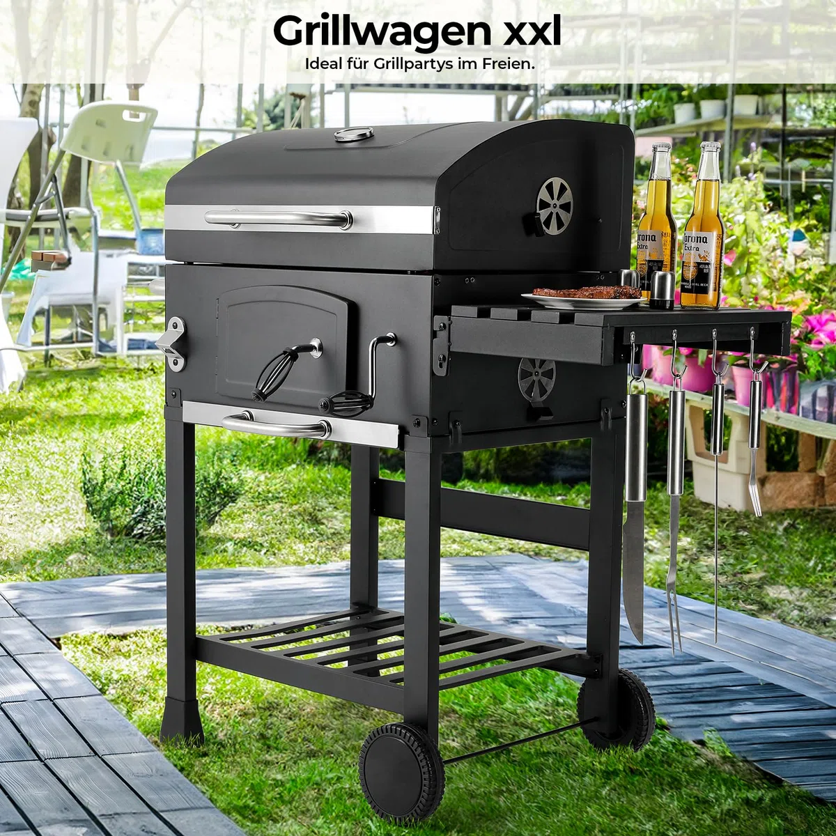 LIFERUN Barbecue Charbon de Bois XL, Grand Barbecue a Charbon avec Couvercle, BBQ Smoker avec Thermomètre et 2PCS Roues, Gril Réglable en Hauteur, Grill au Charbon de Bois pour Camping et Jardin