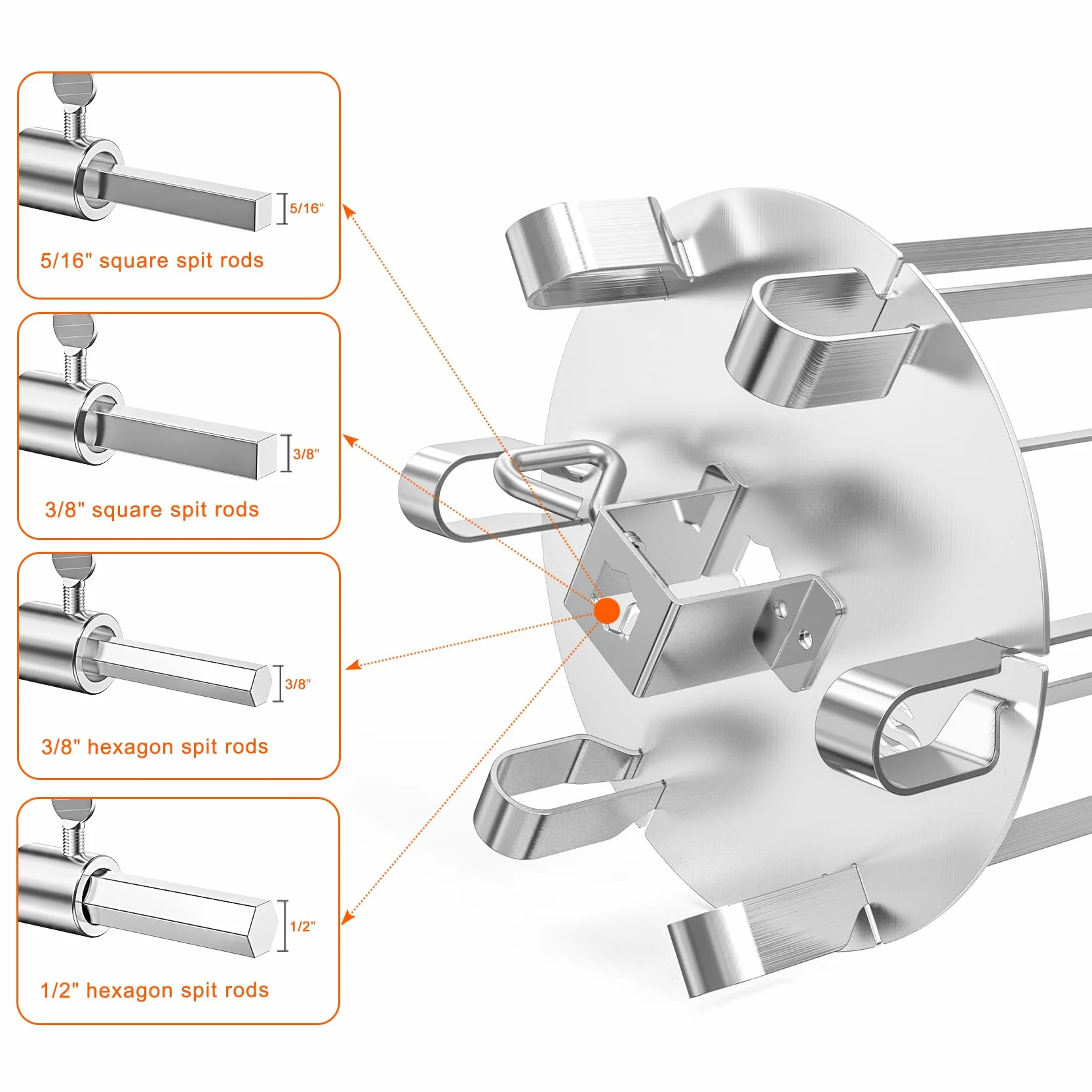 onlyfire Le Système de Brochettes Rotatifs Résistant s'adapte à Tout Gril de Rôtisserie Tournebroche pour Barbecue, Acier Inoxydable, avec 6 Brochettes 41cm Longues, Ø16cm