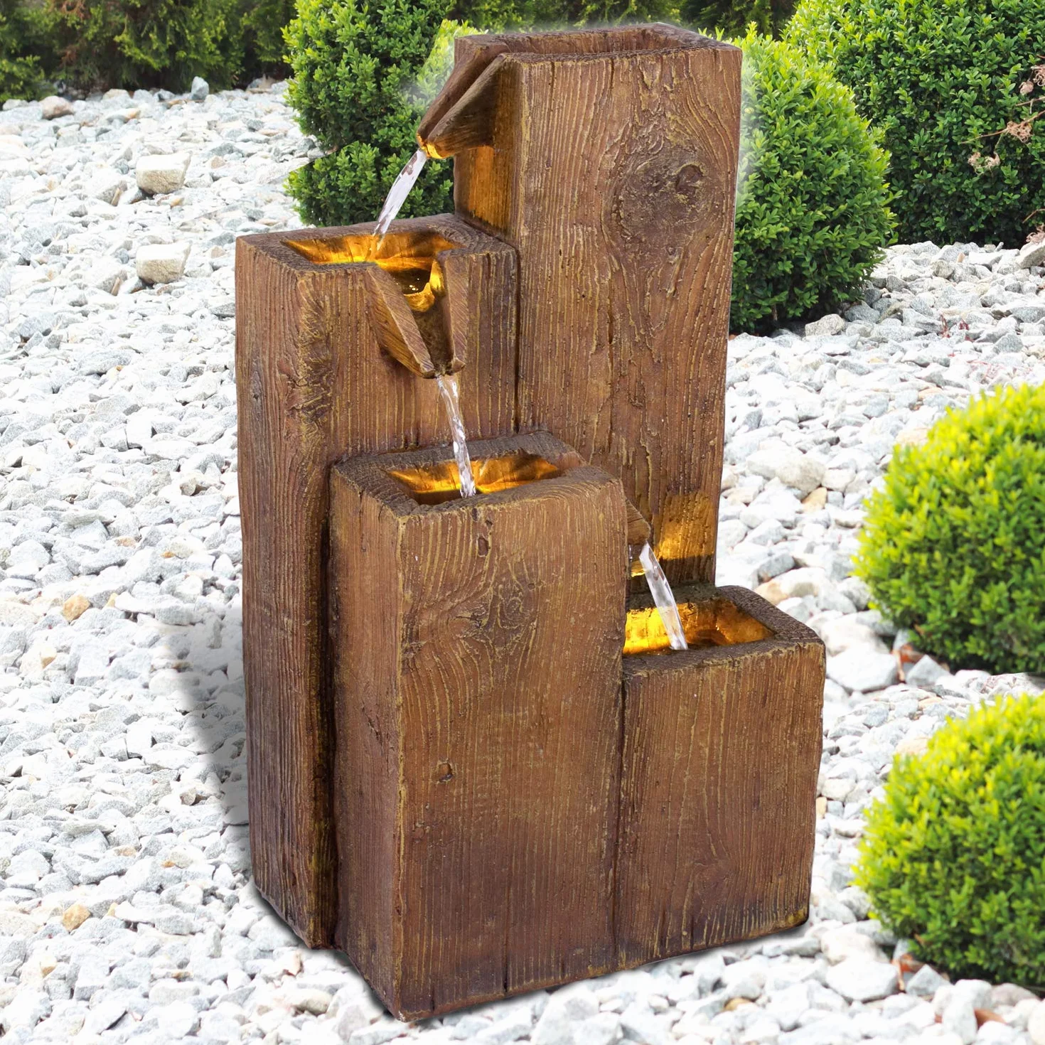 Fontaine de Jardin Décorative avec Lumière LED 230 V - Cascade d'eau Bois pour Jardin, Terrasse, Salon, Balcon 48 cm