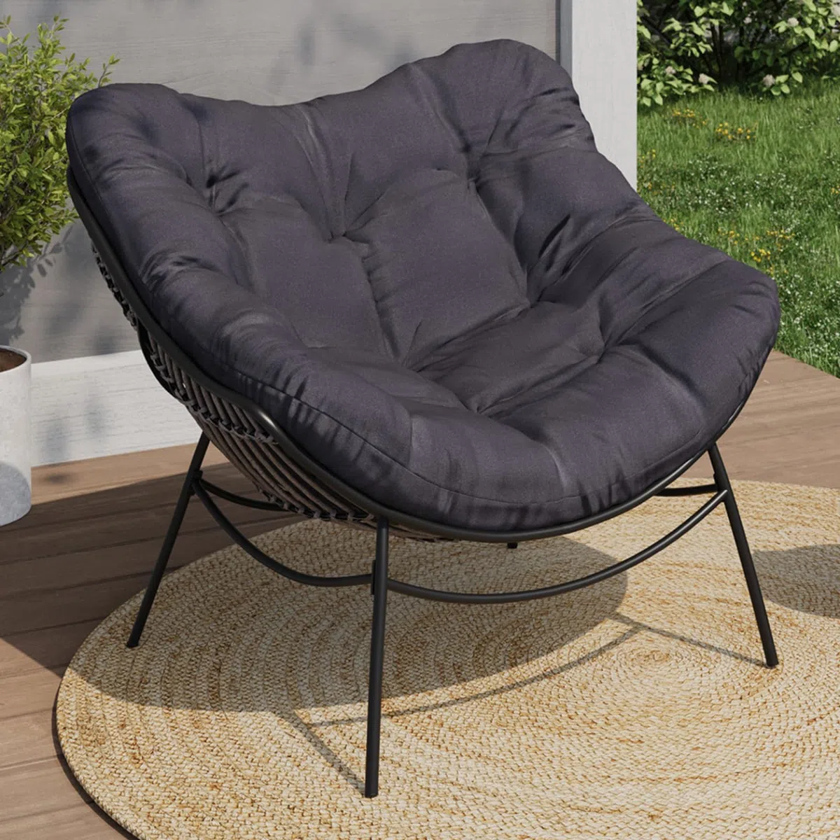 IDMarket - Fauteuil de Jardin Relax LOA Effet rotin Gris et Coussin Gris
