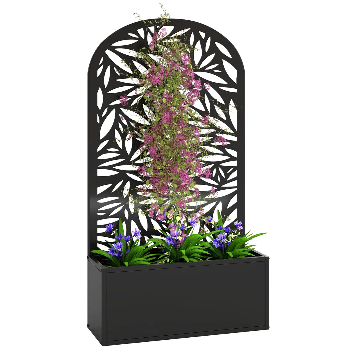 Outsunny Jardinière avec Treillis, Bac à Fleurs Métal, 61x23x113cm Noir | Lit Surélevé avec Brise-vue Découpé en Feuilles, Fixation Mur ou Sol, pour Plantes Grimpantes, Légumes, Fleurs