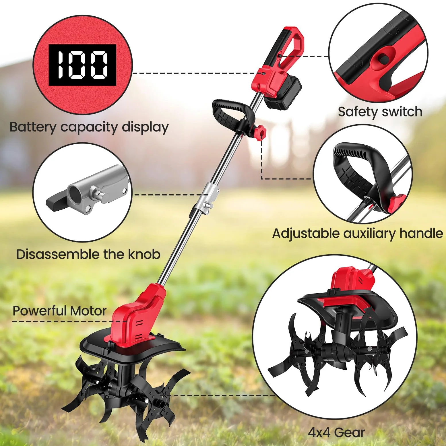 Motoculteur Électrique, Motobineuse sans Fil avec 2 Batteries 4.0Ah, 21V 550W avec Écran LED, 6000 RPM et 4 Lames Robustes, 30CM Largeur et 22CM Profondeur, Motoazada Bateria pour Potager, Jardin