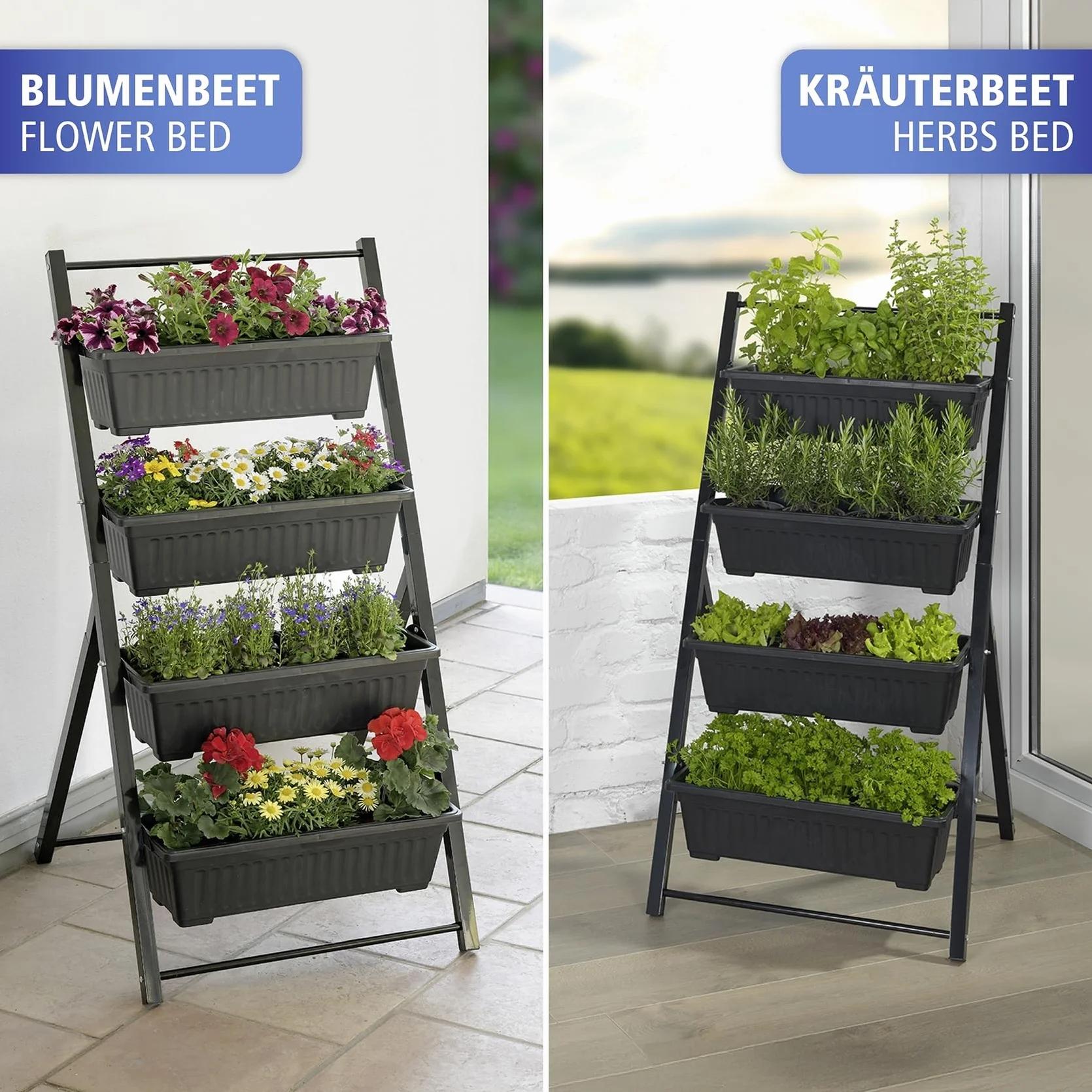 Maximex Lit surélevé Jardin Vertical 4 Niveaux pour Balcon et terrasse bacs Amovibles Plastique résistant aux intempéries 56,5 x 108 x 62 cm Noir