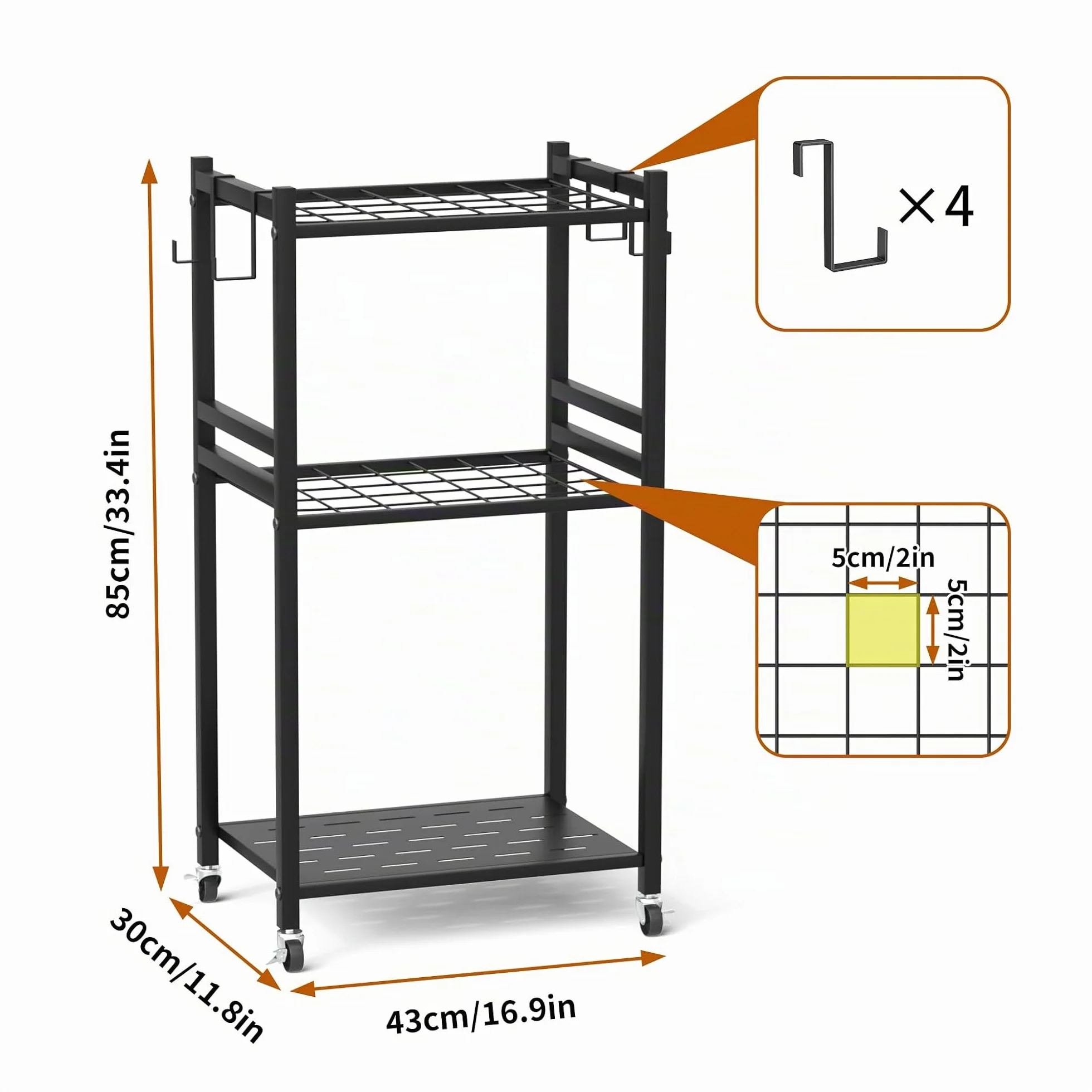 Rangement outils jardin 3 niveaux,polyvalent,roulettes freinables, M | 42*30*85cm, 35 positions, outils longs/courts, 4 crochets, robuste, roulettes freinables, anti-rouille, jardin/garage…