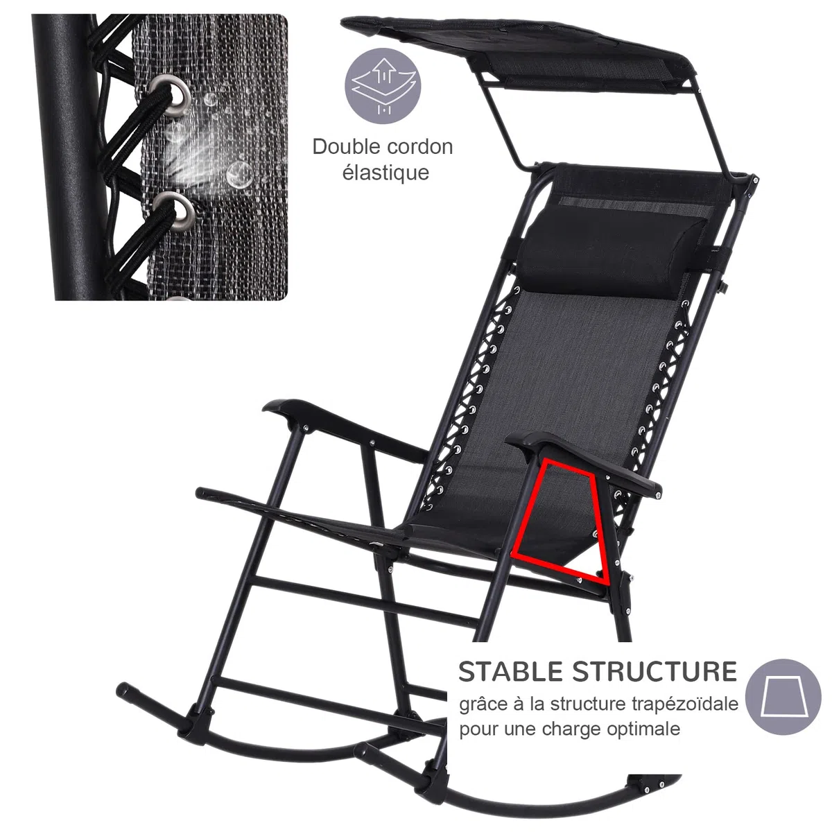 Outsunny Fauteuil à Bascule Rocking Chair Pliable de Jardin dim. 105L x 64l x 125H cm tétière + Pare-Soleil Inclus Acier époxy textilène Noir