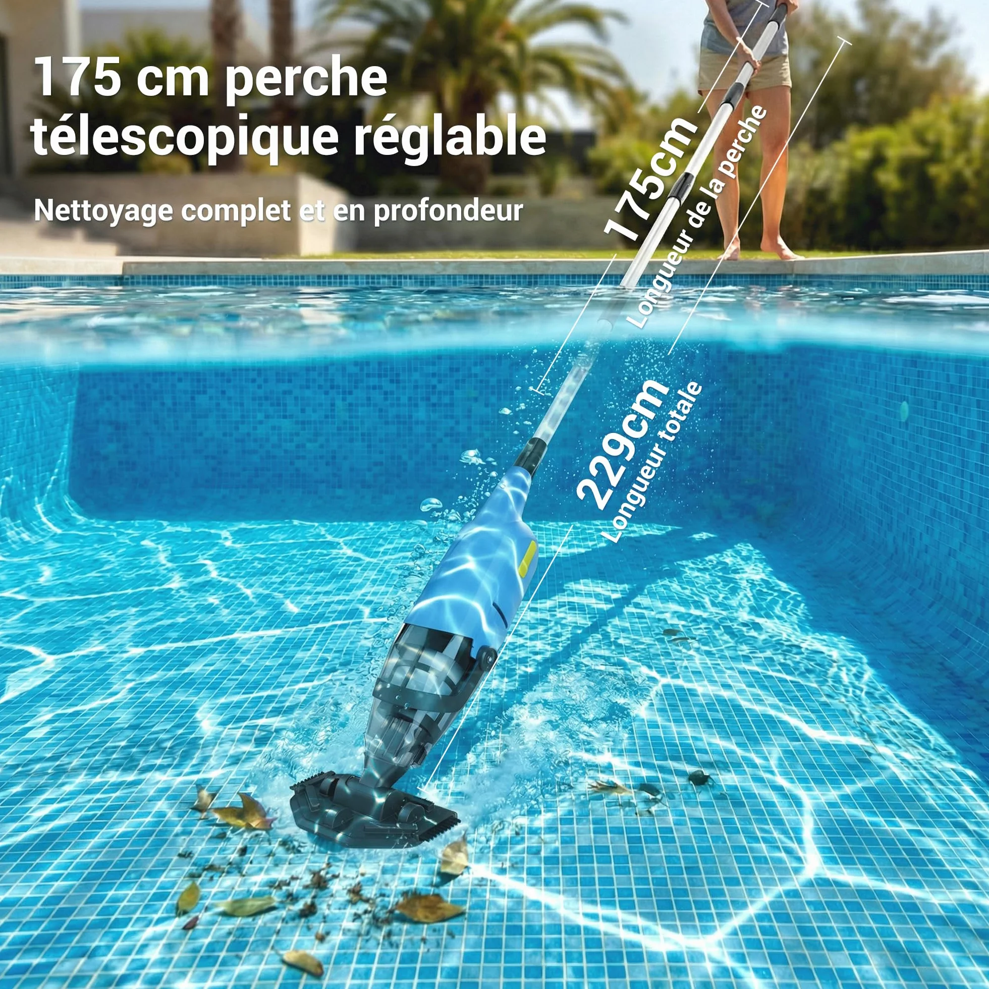 Aspirateur de Piscine sans Fil 2 en 1 pour Piscine Hors-Sol et Jacuzzi – Aspirateur à Main Rechargeable avec Tige télescopique et Filtre Fin Lavable, idéal pour Les spas, piscines Hors-Sol et Petites
