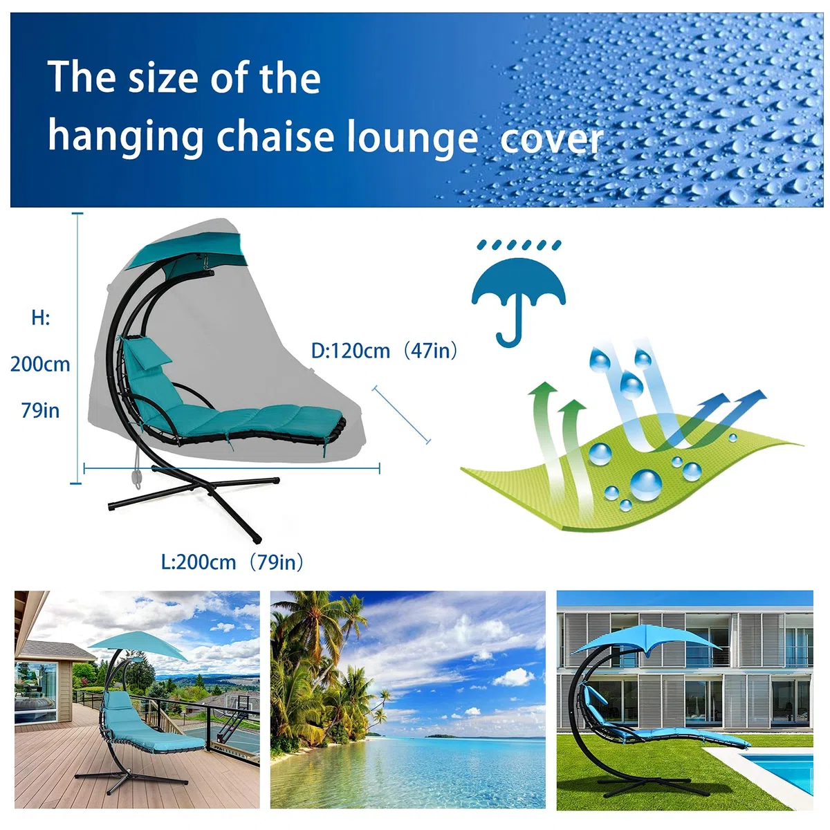 Housse Transat Suspendu avec Fermeture Éclair, Housse Bain de Soleil Suspendu Iimperméable, Coupe-Vent, Anti-UV, 210D Oxford Tissu - Noir (200 * 120cm(79 * 47in))