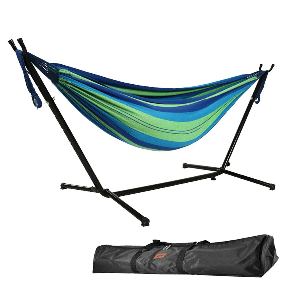 Goutime Hamac Double de 2,6 m avec Support, capacité de 250 kg, Comprend Un Sac de Transport Portable Parfait pour la terrasse intérieure, la terrasse, la Cour, Le Balcon (Bleu et Vert)