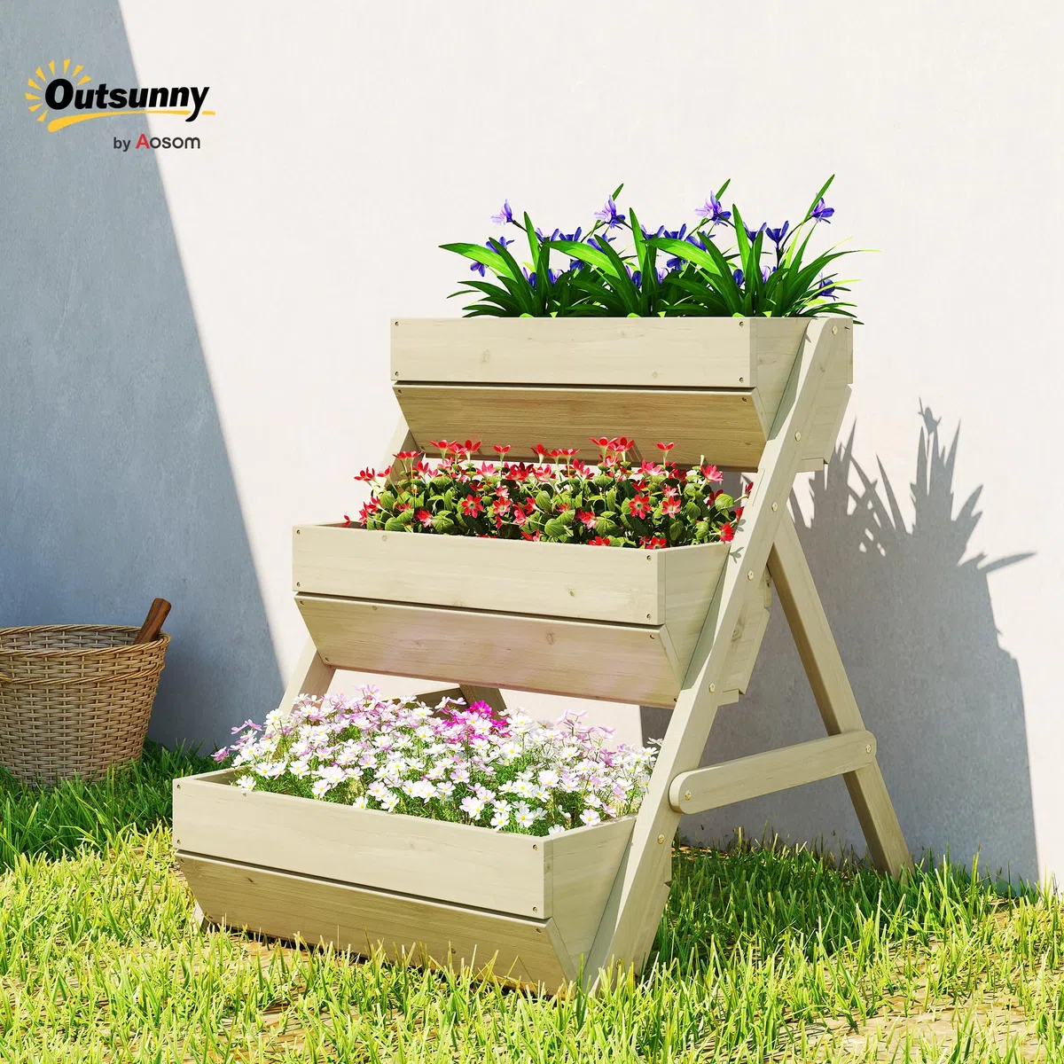 Outsunny Jardinière Surélevée en Bois avec 3 Étages 65 x 75 x 76 cm Vert | Bac à Fleurs, Étagère en Escalier pour Plantes, Trous de Drainage, pour Terrasse Balcon Jardin, Herbes Aromatiques