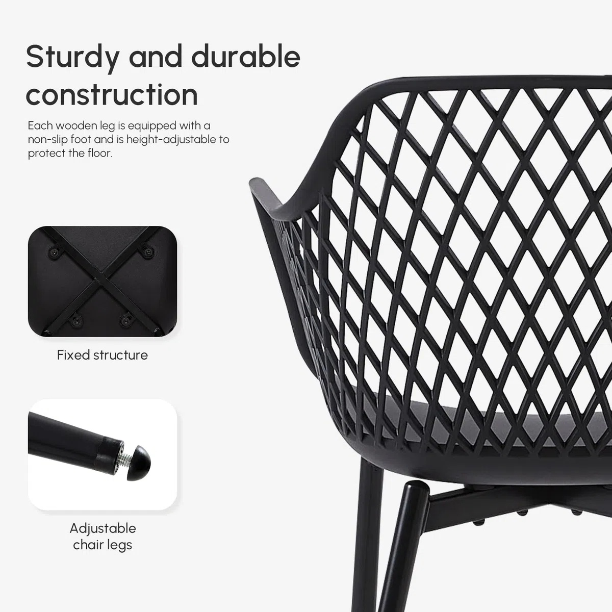 buybyroom Lot de 4 Chaise de Jardin, Chaise Exterieur Terrasse, Siège en PP, Pieds en Métal avec Accoudoirs et Patins Réglables, Charge Maximale 120 KG, Noir
