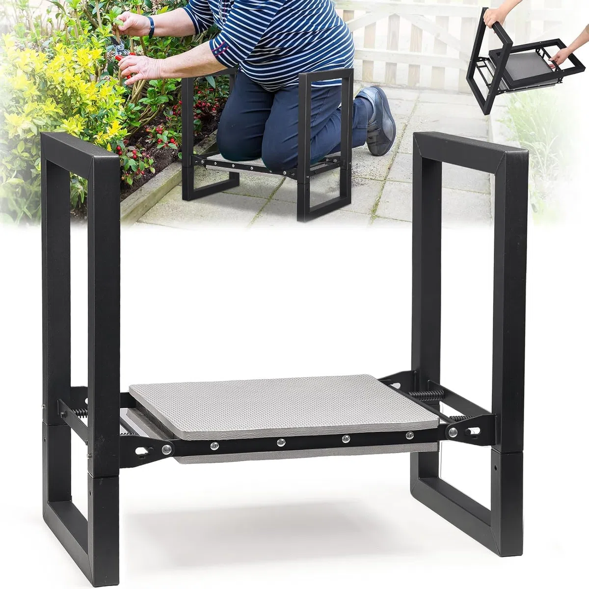 Repose-genoux et siège de jardin, tabouret de jardin pliable robuste avec poignées, appareil à genoux stable, banc de chaise, outils de jardinage, cadeaux pour jardiniers en plein air