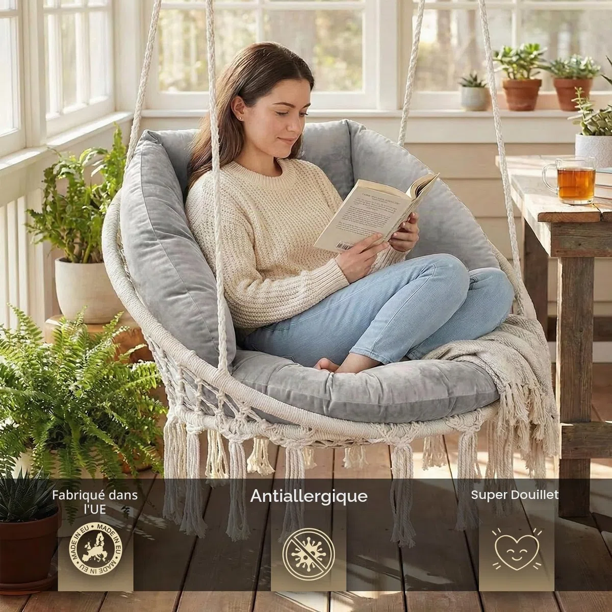 SuperKissen24. Coussin de Fauteuil Suspendu - Coussin Fauteuil Jardin - Oreillers de Oeuf Suspendu - Coussin Rond - Oreiller Moelleux - Argent