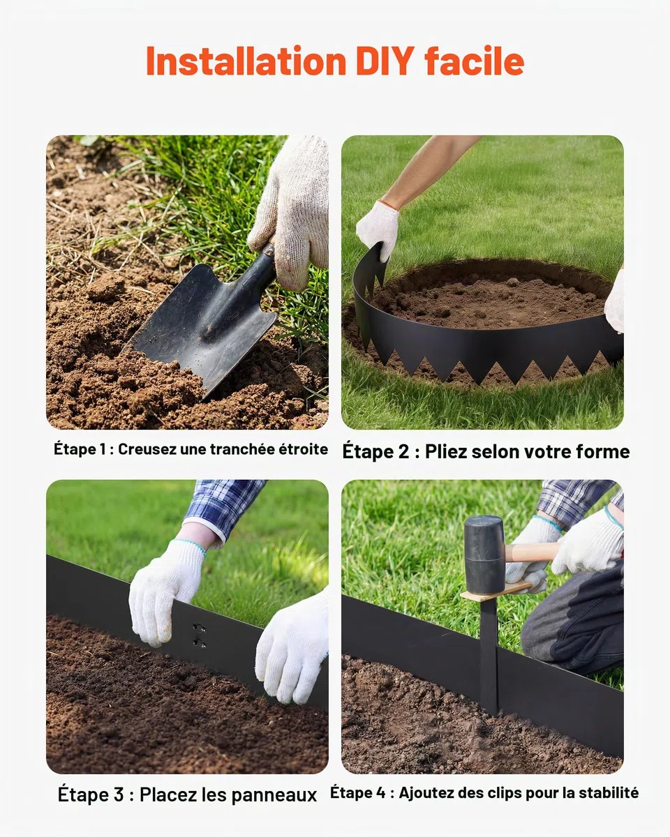 VEVOR Bordure de Jardin Métal 101,6x20,3 cm Bordure de Pelouse Acier Galvanisé Lot de 6 pour Massifs Fleurs, Allées, Délimitation Espace, Aménagement Paysager, Flexible, avec 6 Clips de Fixation, Noir