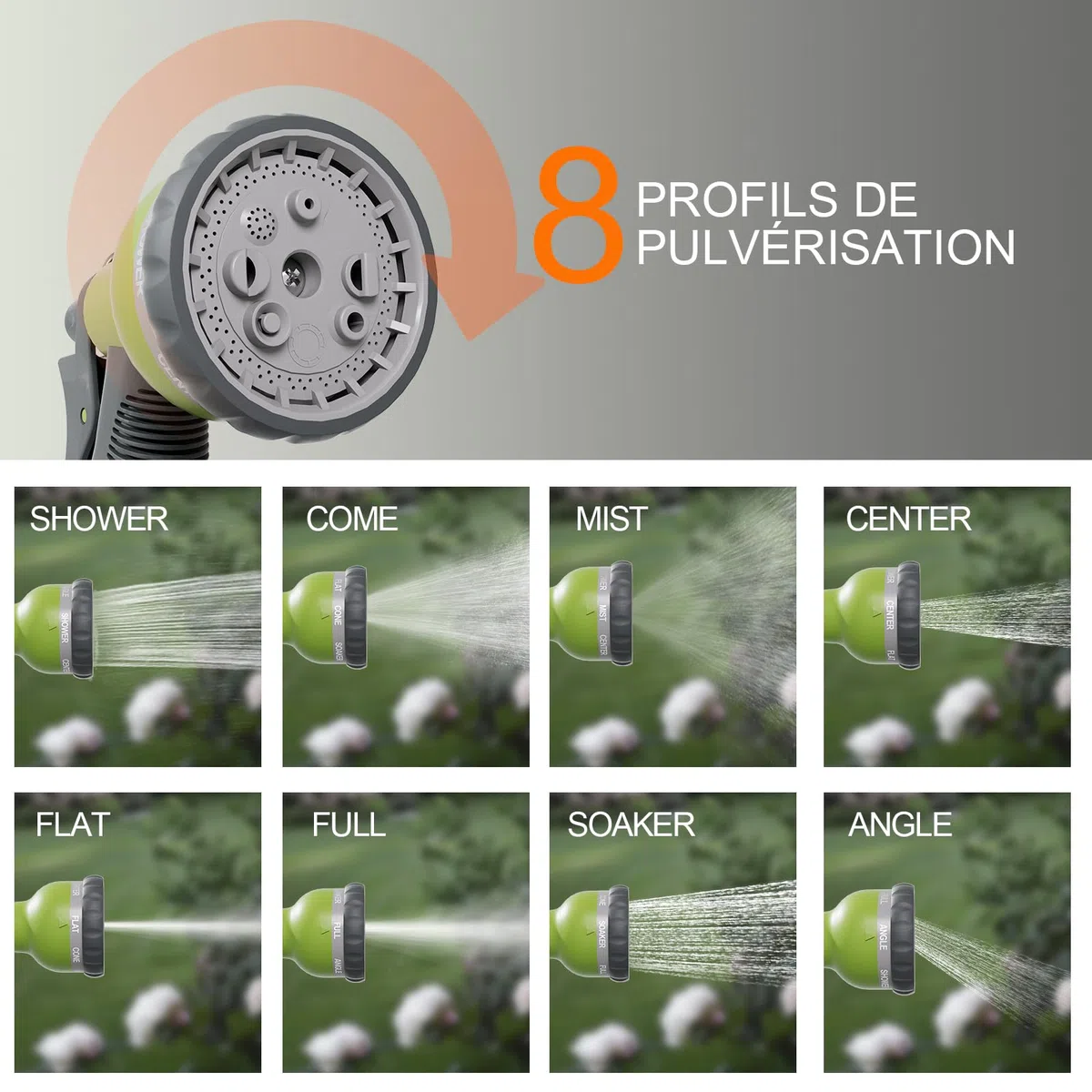 Ibegrif M22220 Enrouleur de tuyau d'arrosage 10m Avec Pistolet d'arrosage à 8 Fonctions, Portable et Facile à Ranger, Gris/Vert