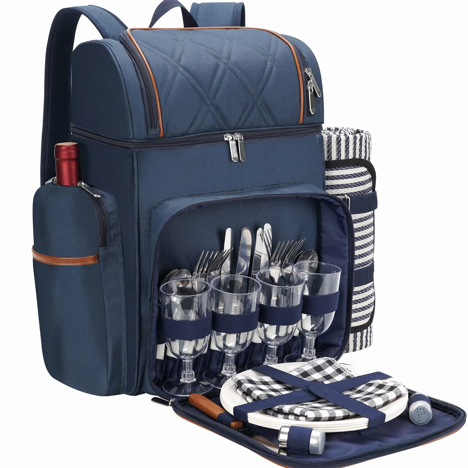 Sac à dos de pique-nique pour 4 personnes - Panier de pique-nique étanche - Sac à dos isotherme avec pochette isotherme pour vin - Couverture de pique-nique à double étage - Pour la plage, le camping