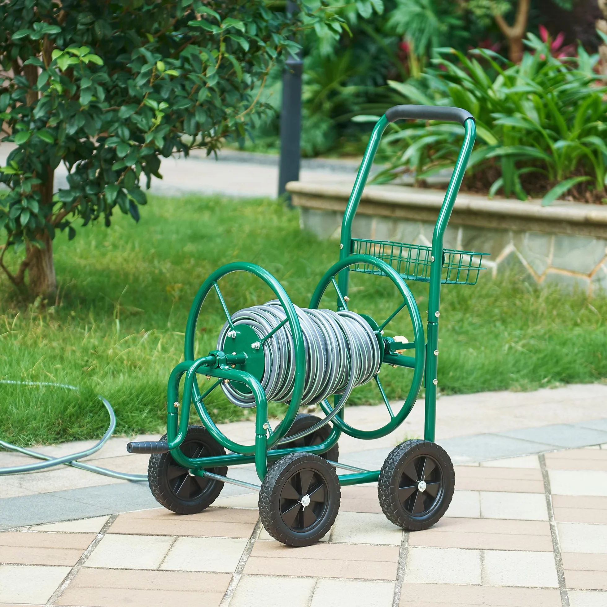pro.tec Enrouleur de Tuyau de Jardin pour Tuyau 3/4 Pouce jusqu'à 70 m avec 4 Roues et Poignée Enroulable avec Manivelle Mtal PP PU 86 x 44 x 95 cm Vert Noir