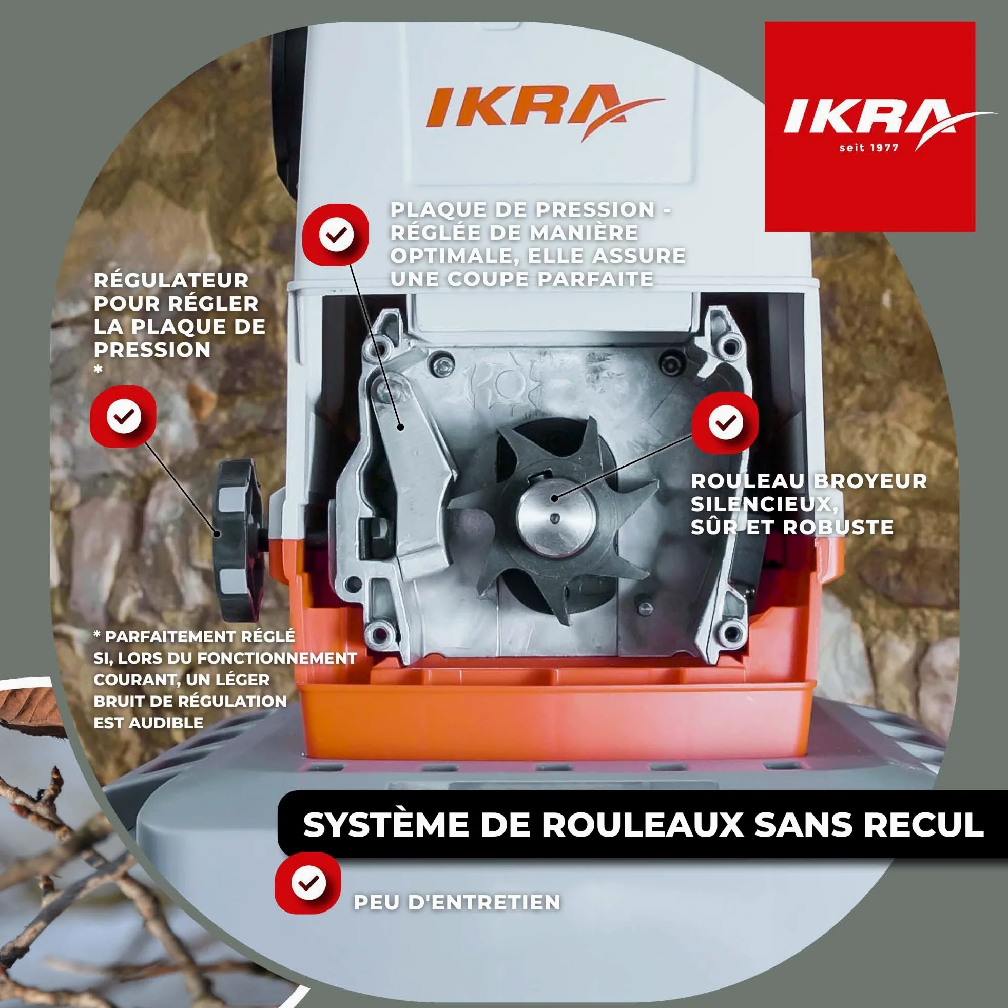 Ikra Broyeur silencieux électrique ILH 3000A, diamètre de la branche 44mm, moteur puissant de 3000W Automatique | Silencieux & robuste, puissance de 3000 watts, alimentation automatique des branches, marche arrière automatique