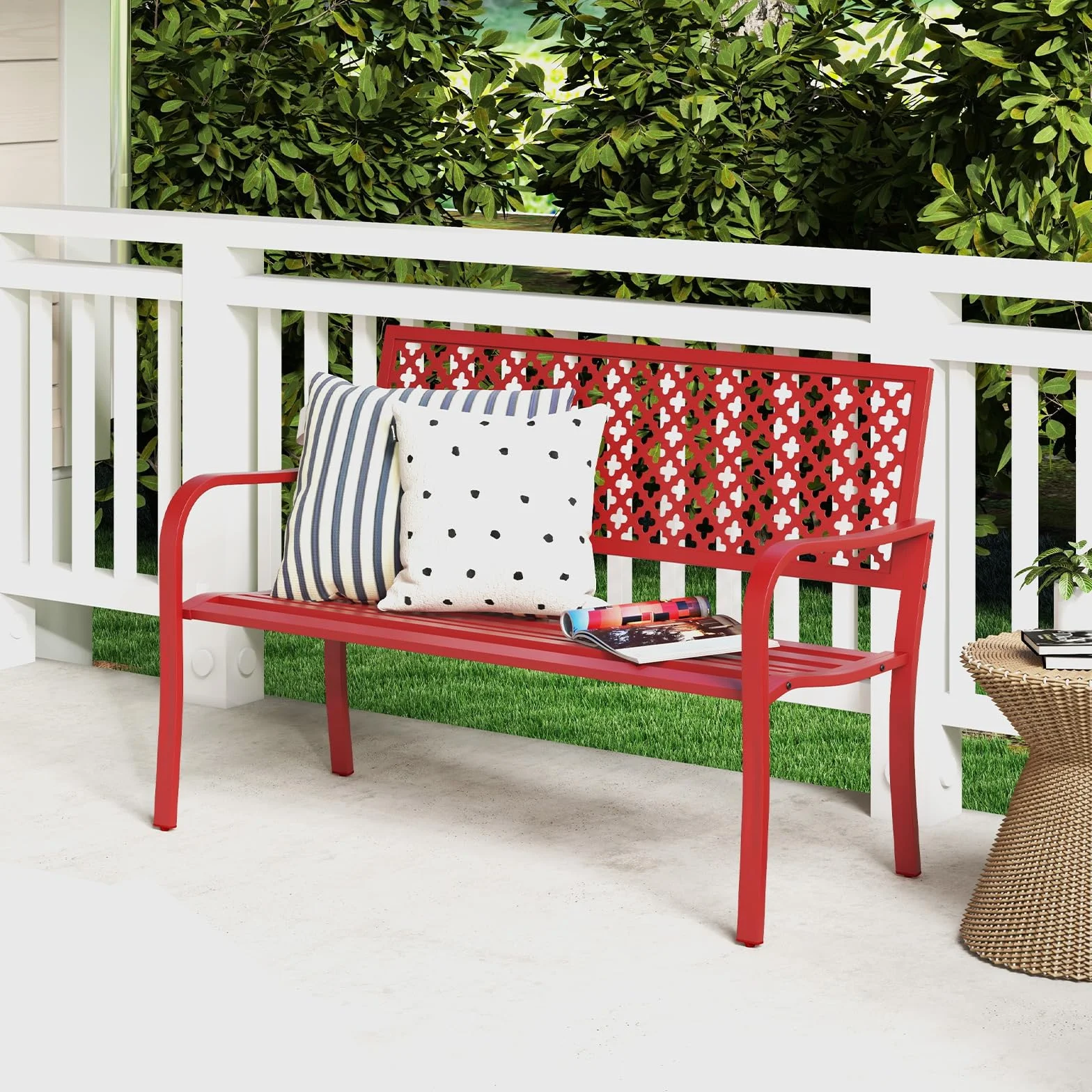 KOMFOTTEU Banc de jardin 2 places, banc d'extérieur avec accoudoirs, charge 300 kg, banc de jardin vintage en métal, pour cour, parc, terrasse, 127 x 62 x 86 cm (rouge)