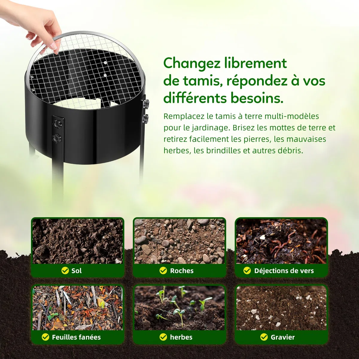 Tamis Rotatif Manuel amélioré pour Jardin, Tamis à Compost, Filtre à Mailles de 13 Pouces avec 4 Tamis interchangeables (3/6/9/12 mm), Tamis horticole, Tamis horticole Rotatif Moderne