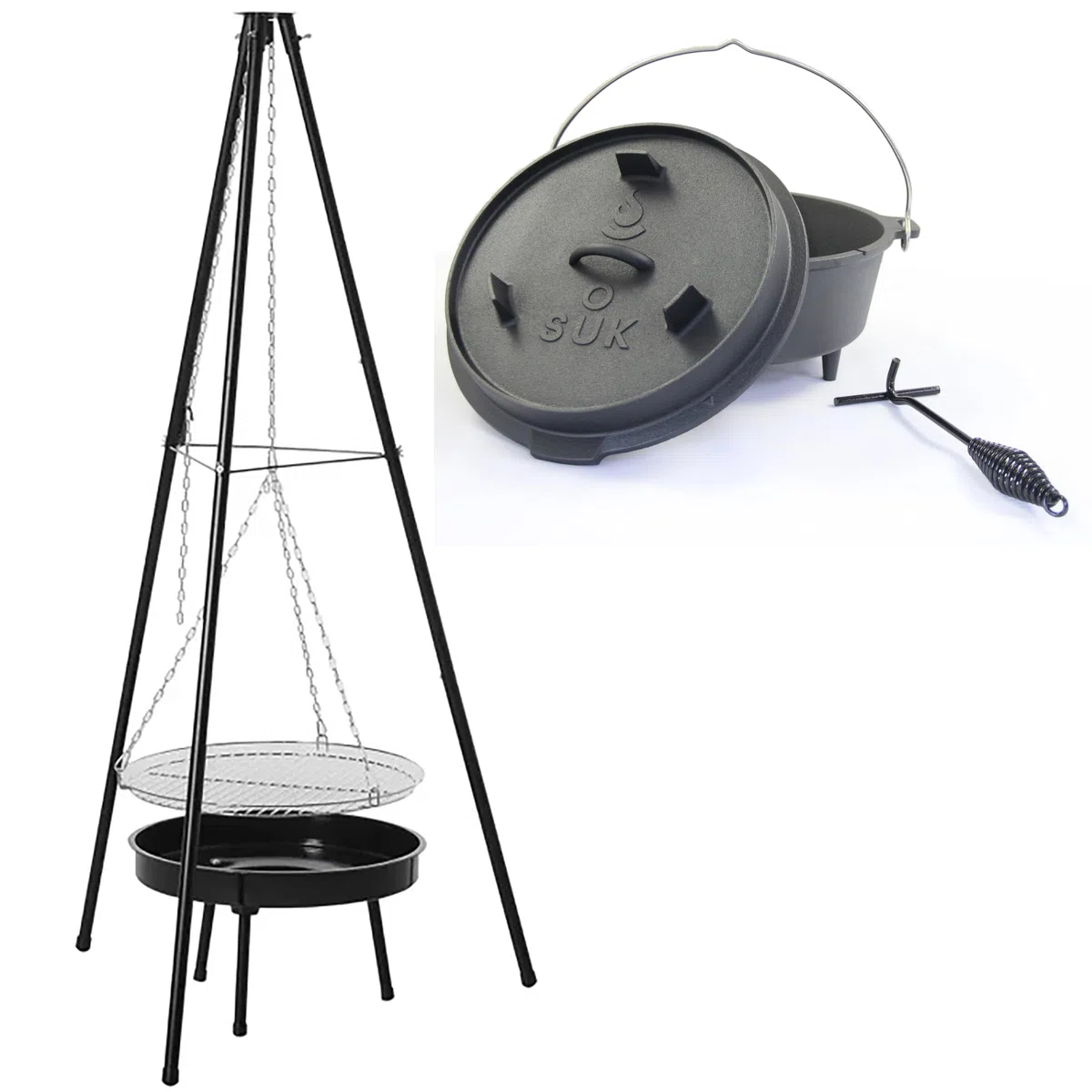 Barbecue Suspendu sur Trépied avec Marmite en Fonte et Grille de Cuisson 46 cm, Brasero 50 cm, Chaîne 150 cm, Charbon de Bois