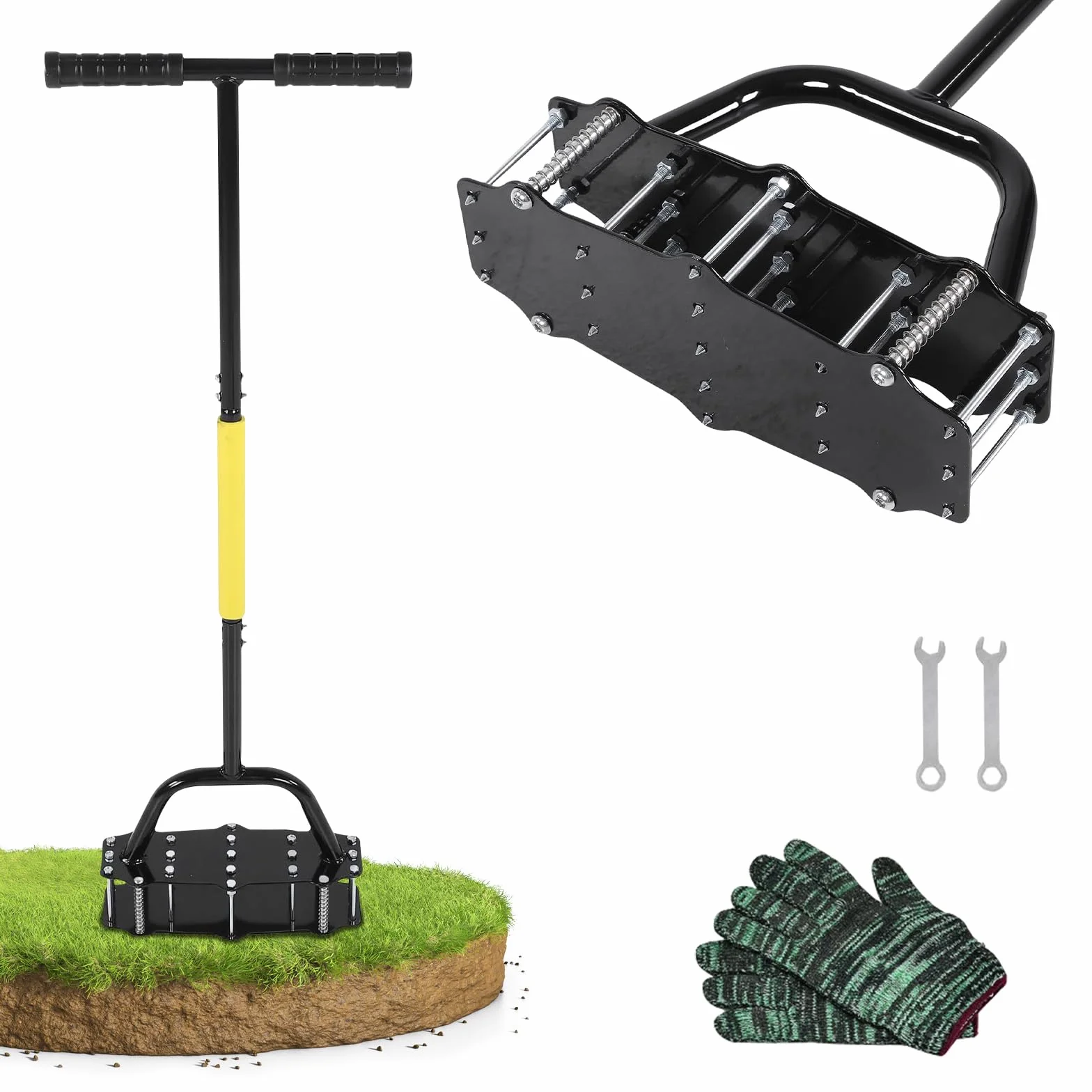 Outil manuel d'aération de gazon, outil d'aération de gazon à 17 pointes assistées par ressort avec nettoyage automatique de la terre et des feuilles, assouplisseur de sol avec gants et pédale