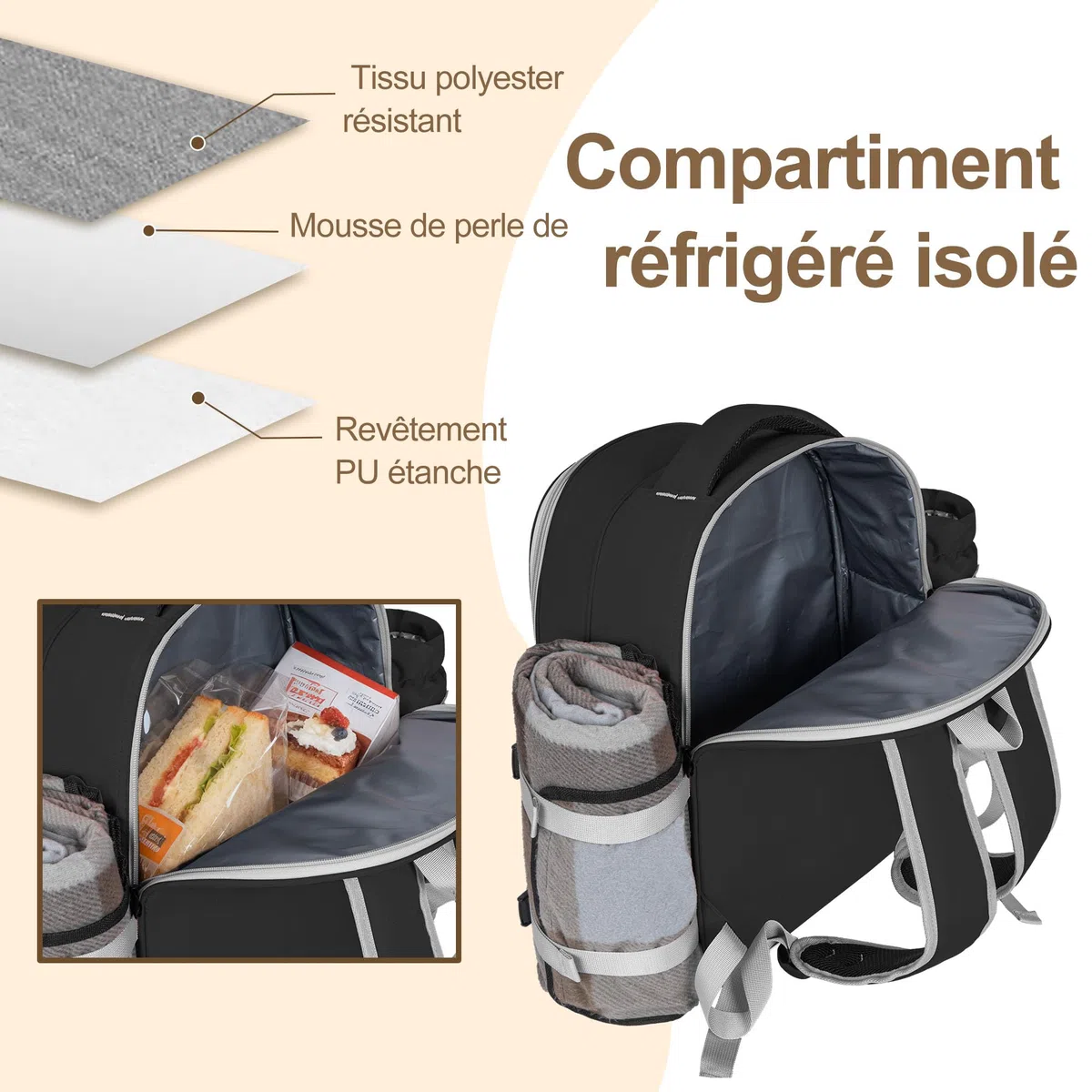 Sac à Dos de Pique-Nique pour 4 Personnes avec Compartiment Réfrigérants Isolés et Étanches, 30 Pièces Sac de Pique-Nique avec Ensemble et Couverture, pour Plage, Camping, Randonnée (Noir)