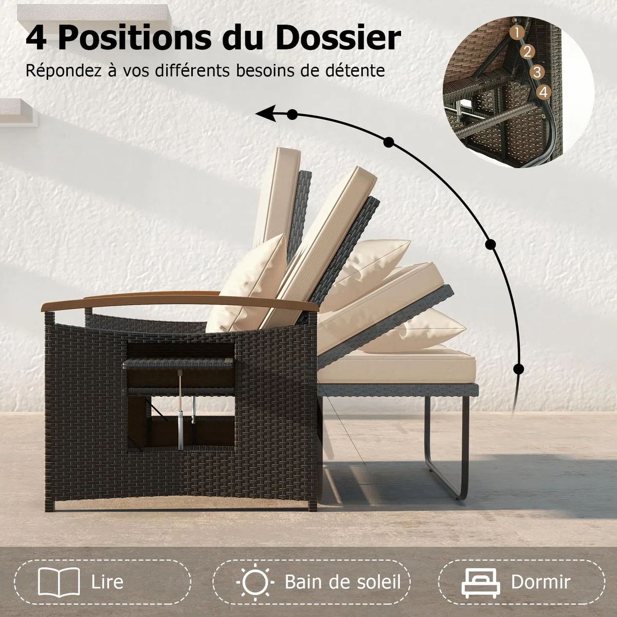 GYMAX 4-en-1 Canapé-Lit de Jardin, Table Basse, Ottoman, Coussins Oreillers Confortables, Dossier Réglable à 4 Niveaux, Salon de Jardin Exterieur en Rotin 2 Personnes, pour Patio, Terrasse, Piscine