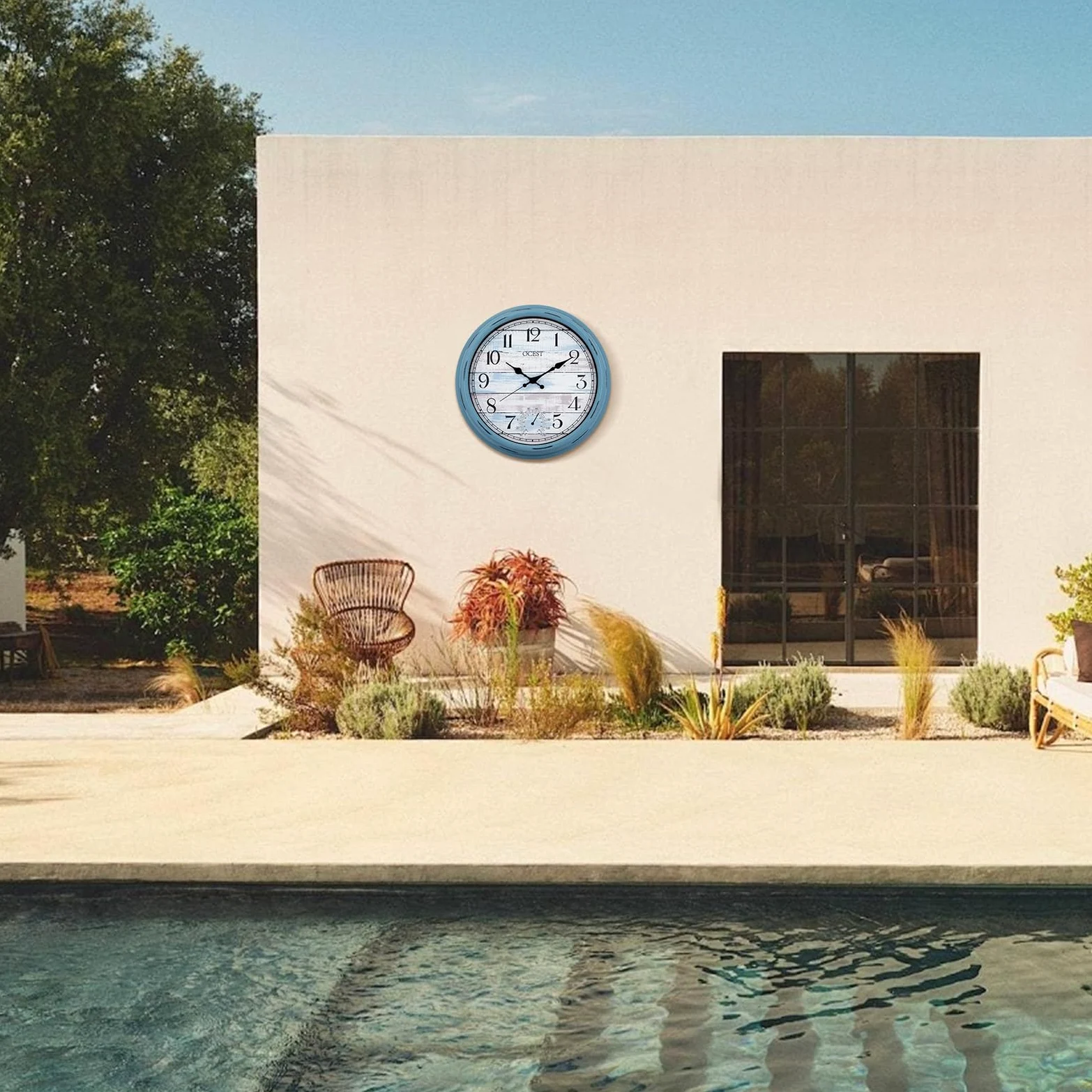 OCEST Grande horloge murale d'intérieur et d'extérieur de 40,6 cm, étanche avec thermomètre, résistante aux intempéries, sans tic-tac, horloge décorative à piles pour terrasse, piscine, porche,