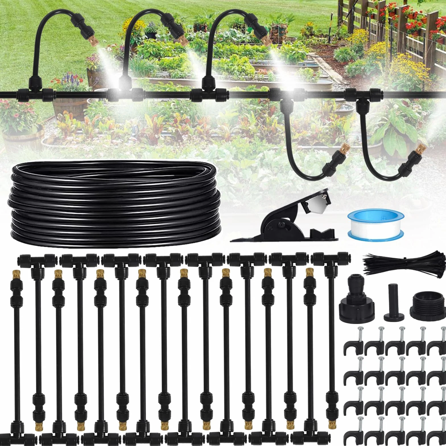 16M Brumisateur Exterieur,64 Pcs Kits d'irrigation Système de Brumisation avec 18 Buses de Brume avec Joint en T+1 Adaptateur (en Laiton, 3/4") pour les Événements Extérieurs,Les Jardins