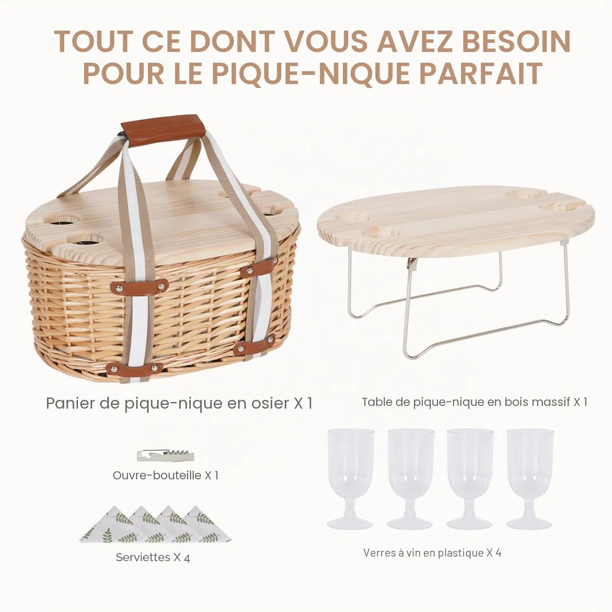 Panier de Pique-Nique Zettfuly pour 4 Personnes - Panier en Osier Isotherme avec Table à vin Pliante, kit de Pique-Nique à vin avec Doublure pour Couples, Camping, extérieur, Saint-Valentin (Feuille)