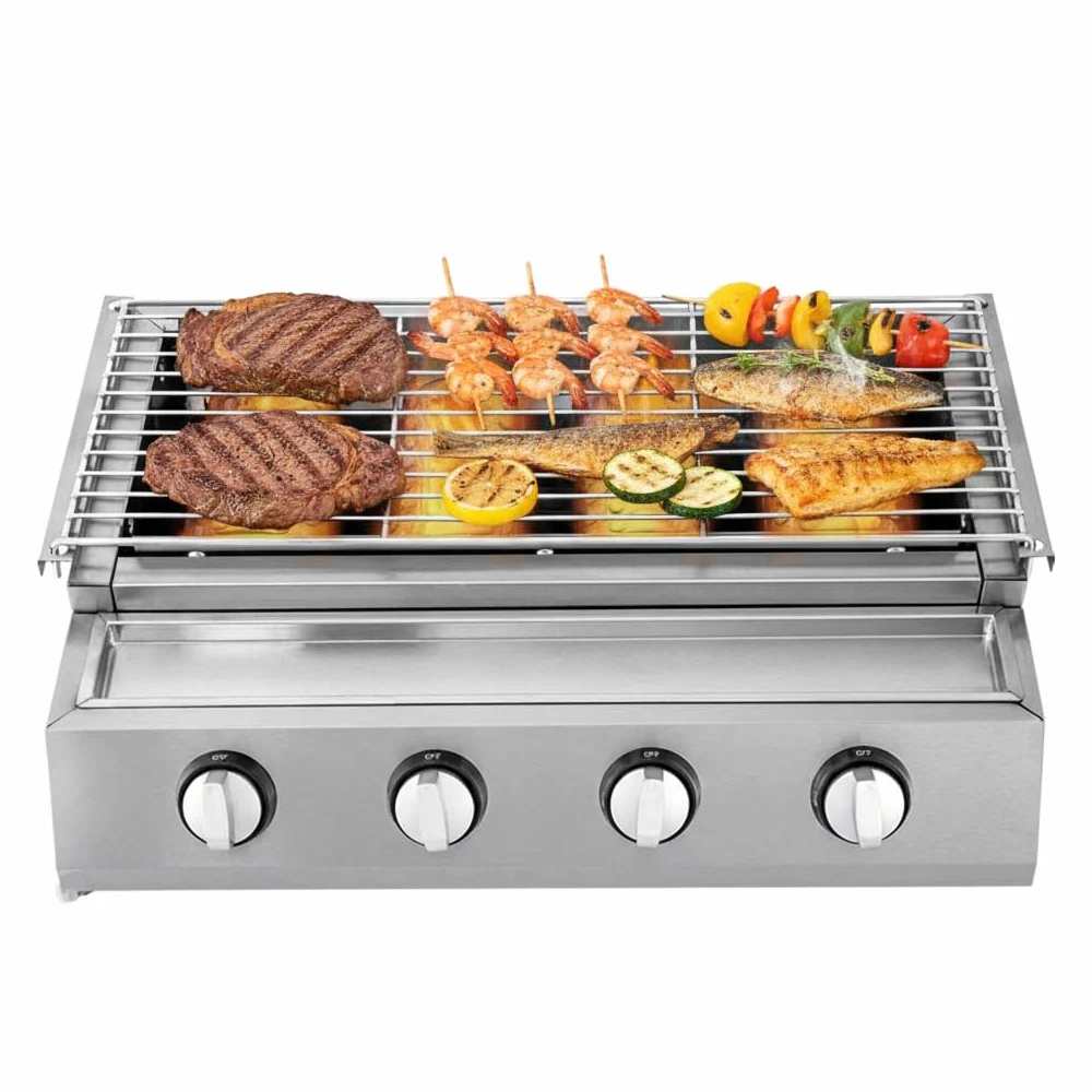 Barbecue à Gaz de Jardin en Acier Inoxydable, Grille de Cuisson Adjustable avec 4 Brûleurs, Surface de Cuisson 55x23 cm, Idéal pour Terrasse, Jardin et Extérieur (Argent)