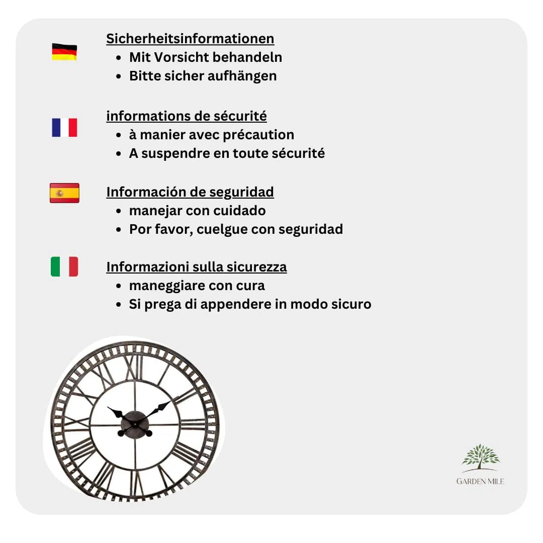 Garden Mile Horloge murale à chiffres romains ouverts de 60 cm pour extérieur/intérieur et extérieur - Étanche - Pour salon, cuisine, jardin