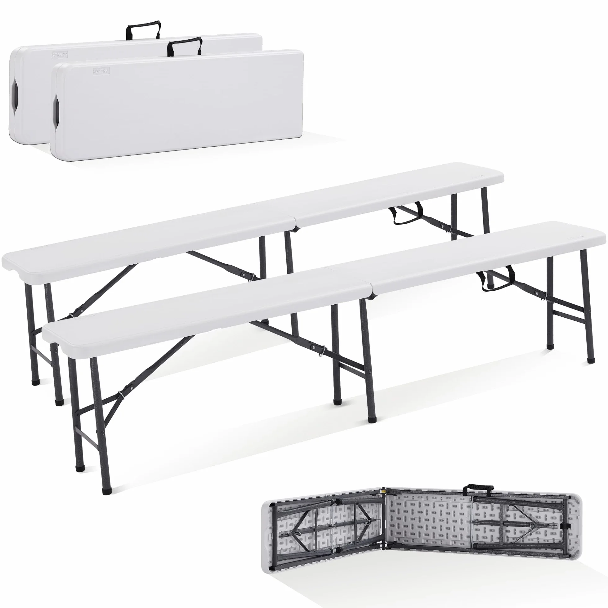 AREBOS Banc de Brasserie Pliable 2X | Bancs pliants 183 x 28 x 43 cm avec poignée de Transport | Banc de Jardin, Camping, fête | Ensemble 2 pièces Robuste | Blanc