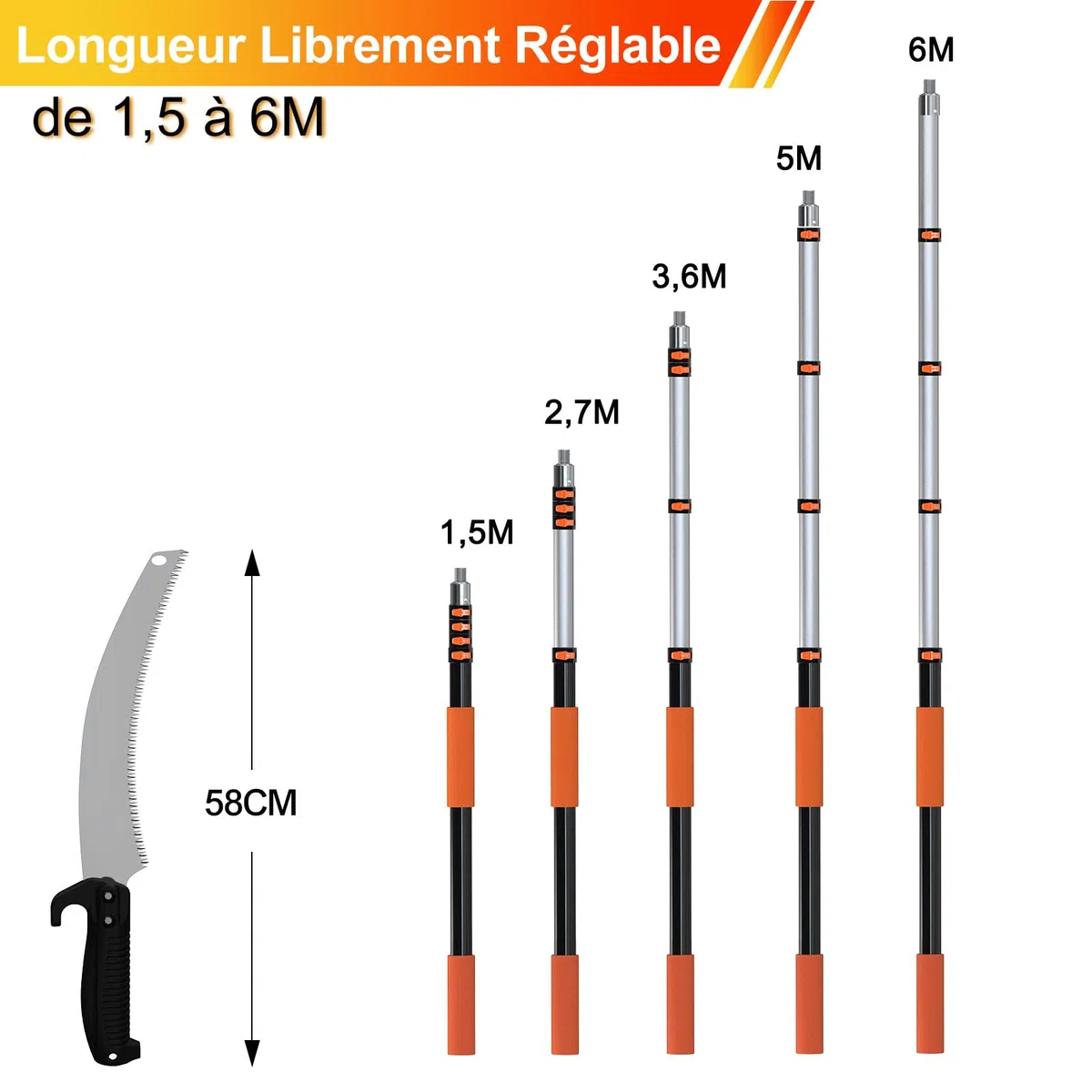 LAANPOLE 6m Scie, Ébrancheur sur Perche Telescopique avec Perche de Extension 1,5-6m, Ébrancheur Manuel pour Jardin, Orange