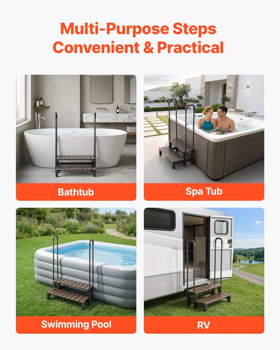 VEVOR Escalier pour Spa à 2 Marches avec Mains Courantes Capacité 250 kg | Marchepied Antidérapant, Largeur 820 mm, Structure Acier et HIPS, pour Piscine Hors-sol, Spa Gonflable, Camping-car, Terrasse