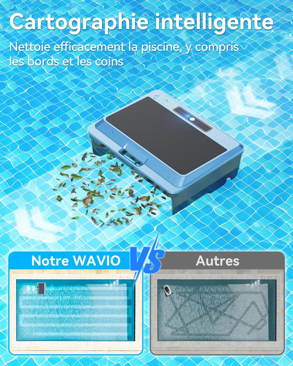 WAVIO (2026 Upgrade) F1T Robot Skimmer Solaire de Piscine, Contrôle Via App, Double Options de Recharge, Anti-Obstacle Intelligent, Nettoyage Automatique 24/7, Idéal pour Piscine Hors Sol, Bleu