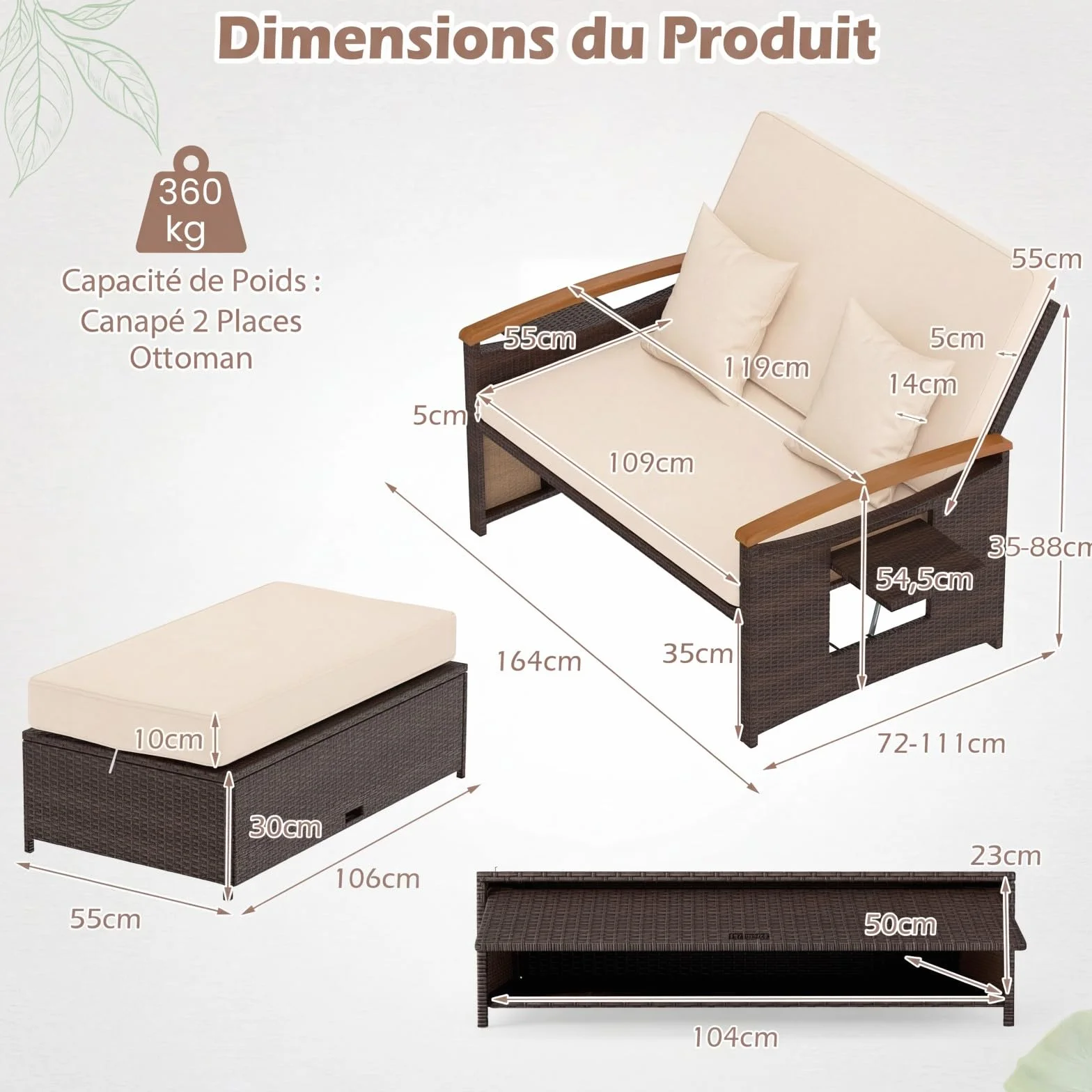 COSTWAY Salon de Jardin en Rotin avec Ottoman de Rangement, Bain de Soleil avec Plateau Latéral Rétractable Dossier Réglable sur 4 Niveaux, Canapé à 2 Places pour Jardin Patio Piscine (Marron+Beige)