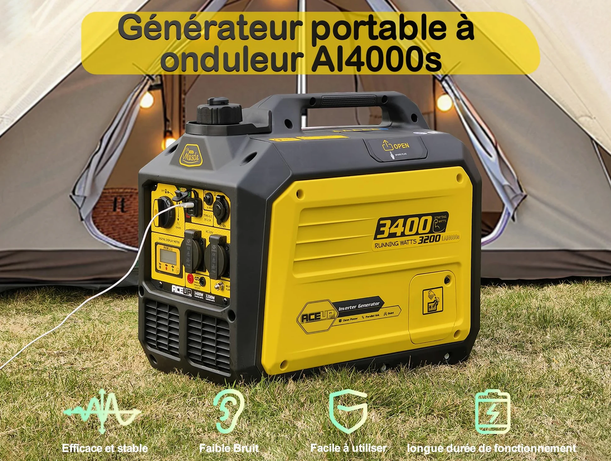 Aceup Energy 3400W Groupe Electrogene Inverter Générateur à Essence Silencieux avec prises 230V 12V 5V polyvalent pour la maison l'extérieur et l'urgence camping 4 Temps 23 kg