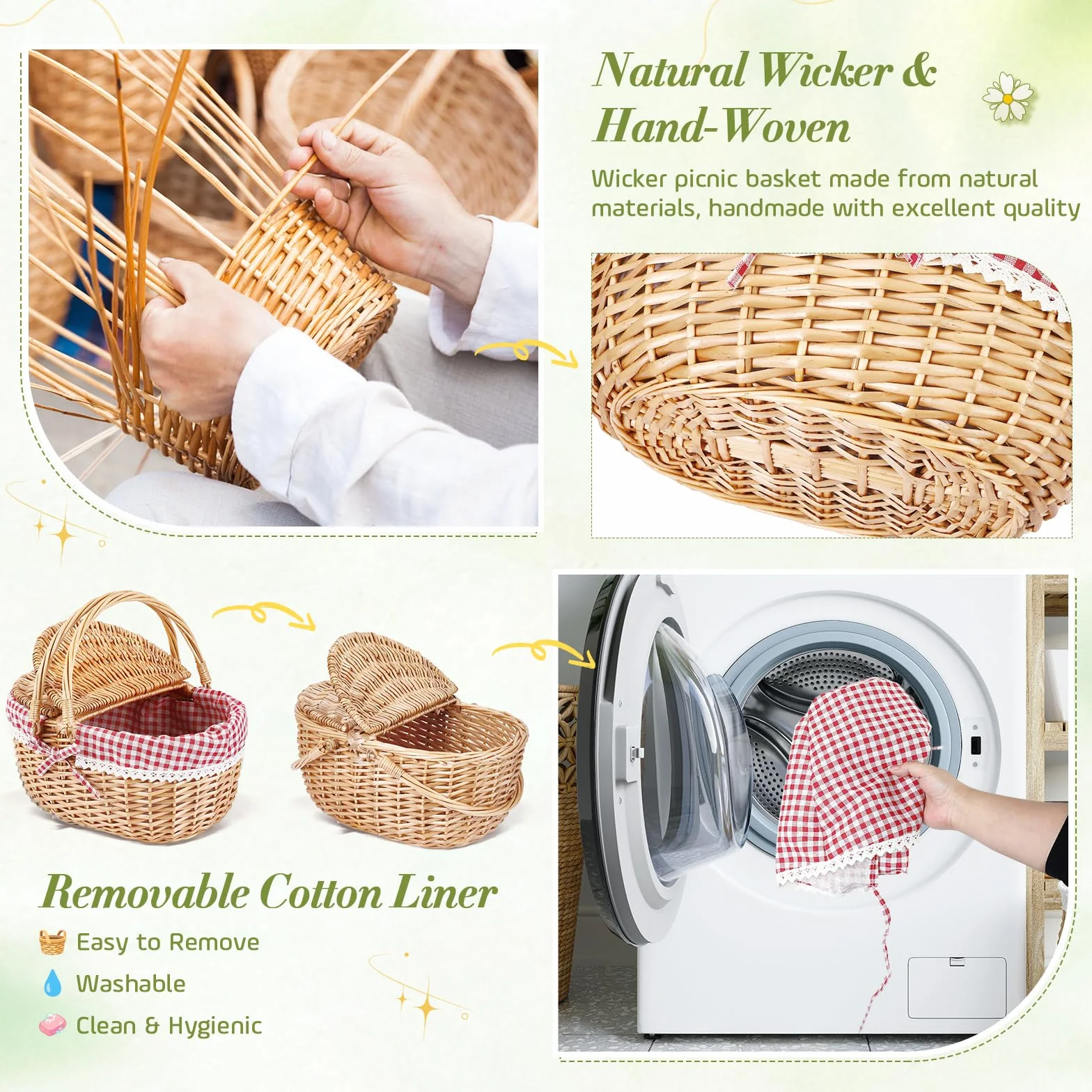 Wicker Picnic Basket Panier Pique Nique, Grand Panier de Rangement avec Double Couvercle Rabattable & Anse Pliable, Panier Tressé Portable pour Pique-Nique en Plein Air, Camping, Courses, Hiking, BBQ