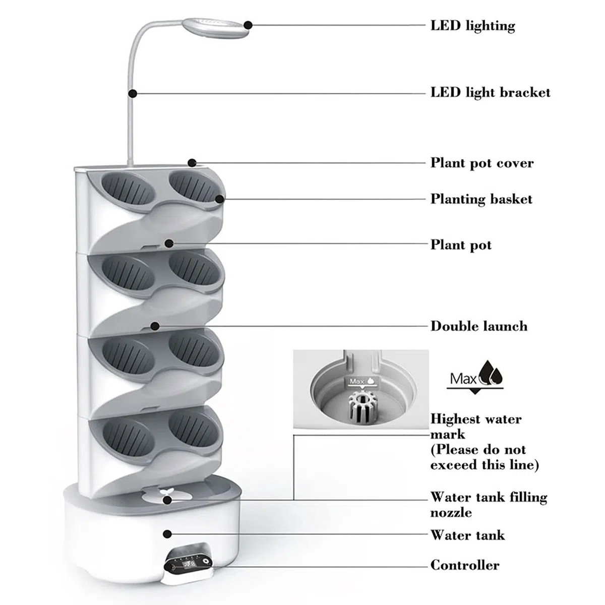 Système de Culture hydroponique, kit de Jardin d'herbes d'intérieur à 8 dosettes sur 4 étages avec lumière de Croissance LED et écran Tactile, Pots de pépinière pour bonsaïs, pour